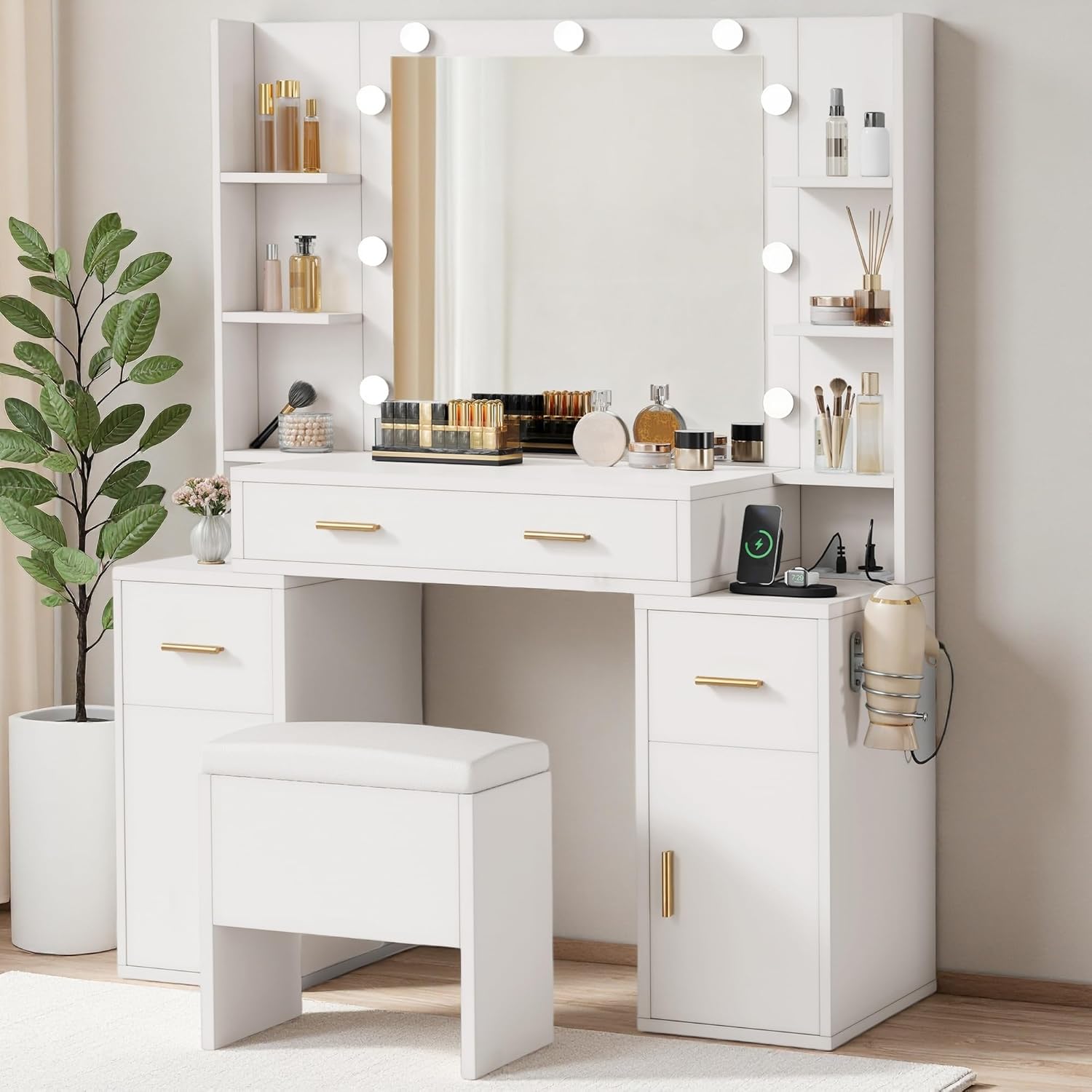 DWVO Makeup Vanity Set with Mirror & 3-Mode Lights, Vanity Desk with Storage Stool, Power Outlet, Shelves, Drawers & Hair Tool Holder, Dressing Table for Apartment Dorm Guest Room, White
