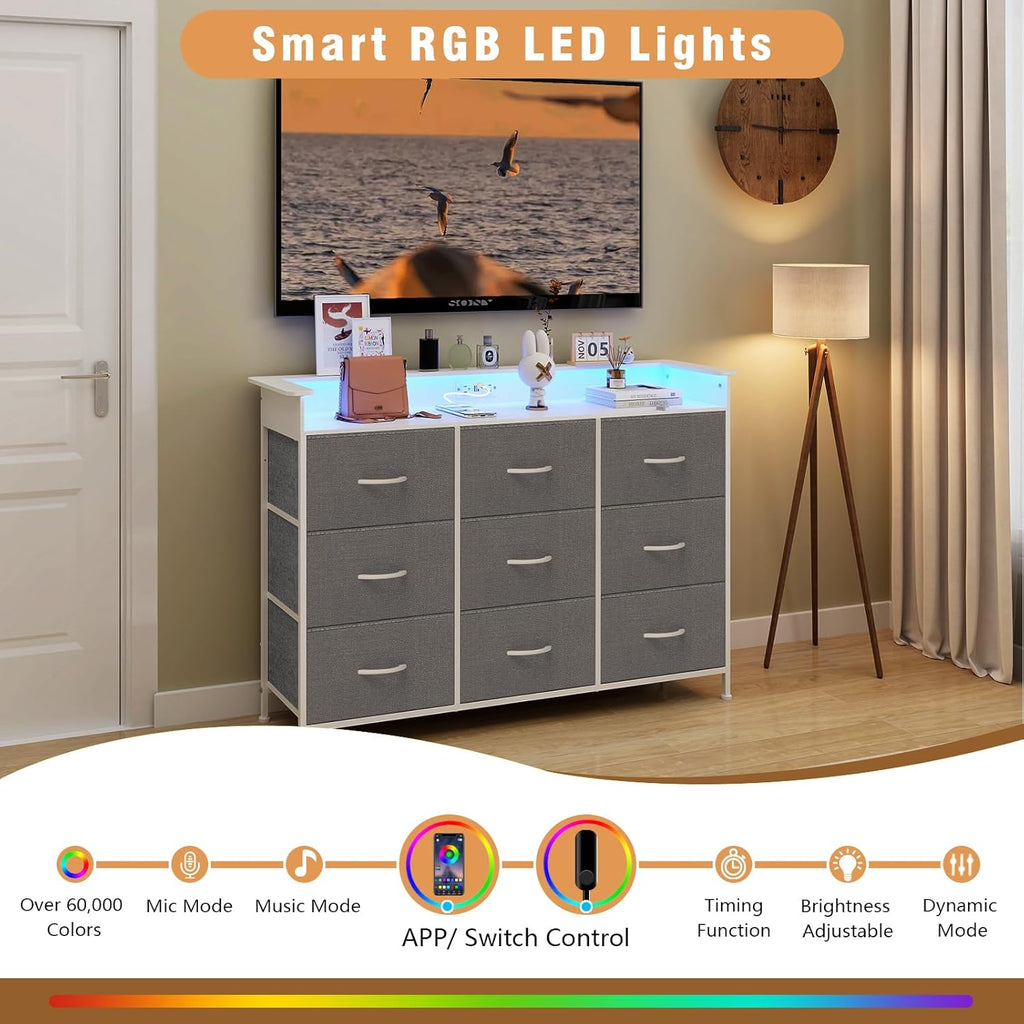 EXOTICA White Dresser with LED Light for Bedroom 9 Drawer Dressers with Charging Station Chests of Drawers for Entryway Closet Living Room Hallway Sturdy Steel Frame Wooden Top Easy Pull Handle