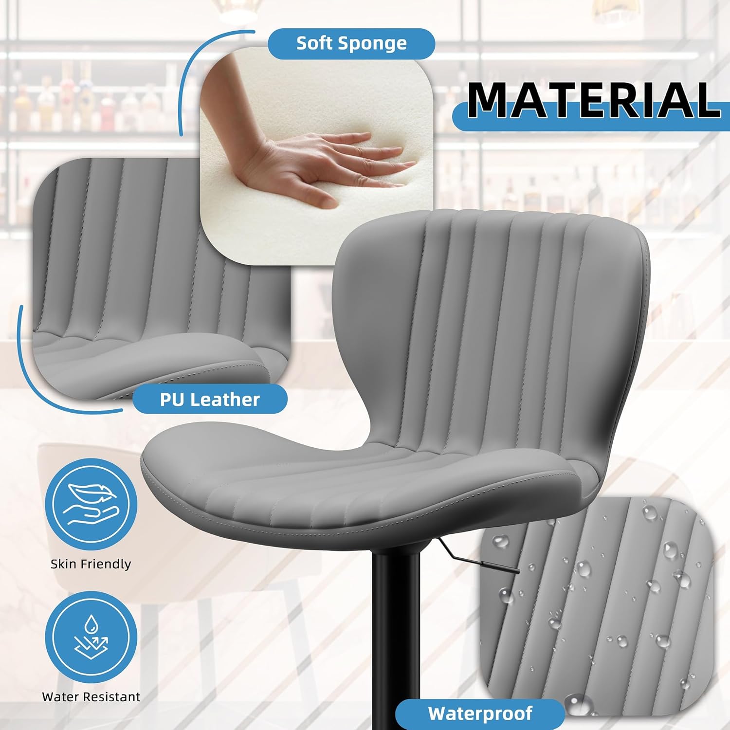 Shintenchi Bar Stools Set of 4 Modern Swivel Bar Chairs, Counter Height Faux Leather Metal Barstools, Upholstered Island Chairs with Back and Footrest, Coffee