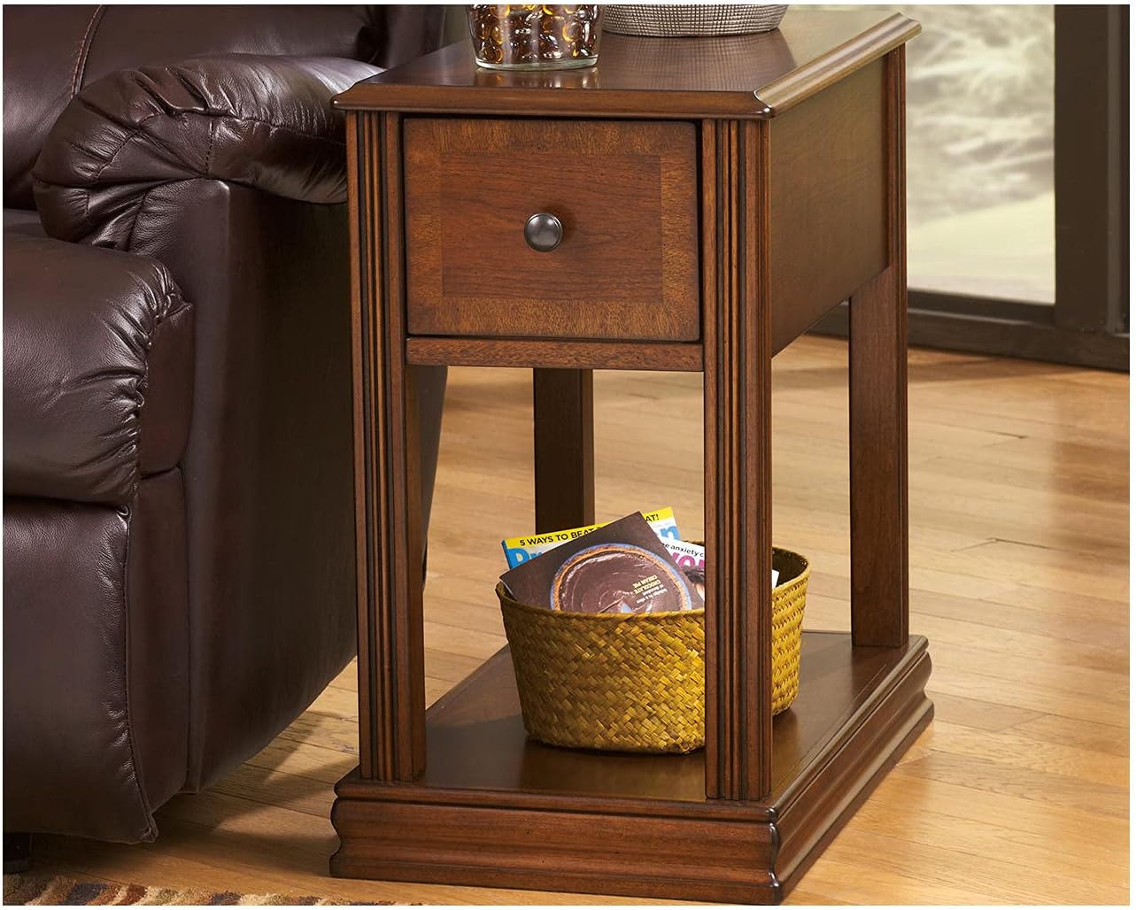 Signature Design by Ashley Breegin Chair Side End Table, 1 Drawer, 1 Fixed Shelf, Veneers, Wood, , 13.13" W x 22.13" D x 23" H, Brown