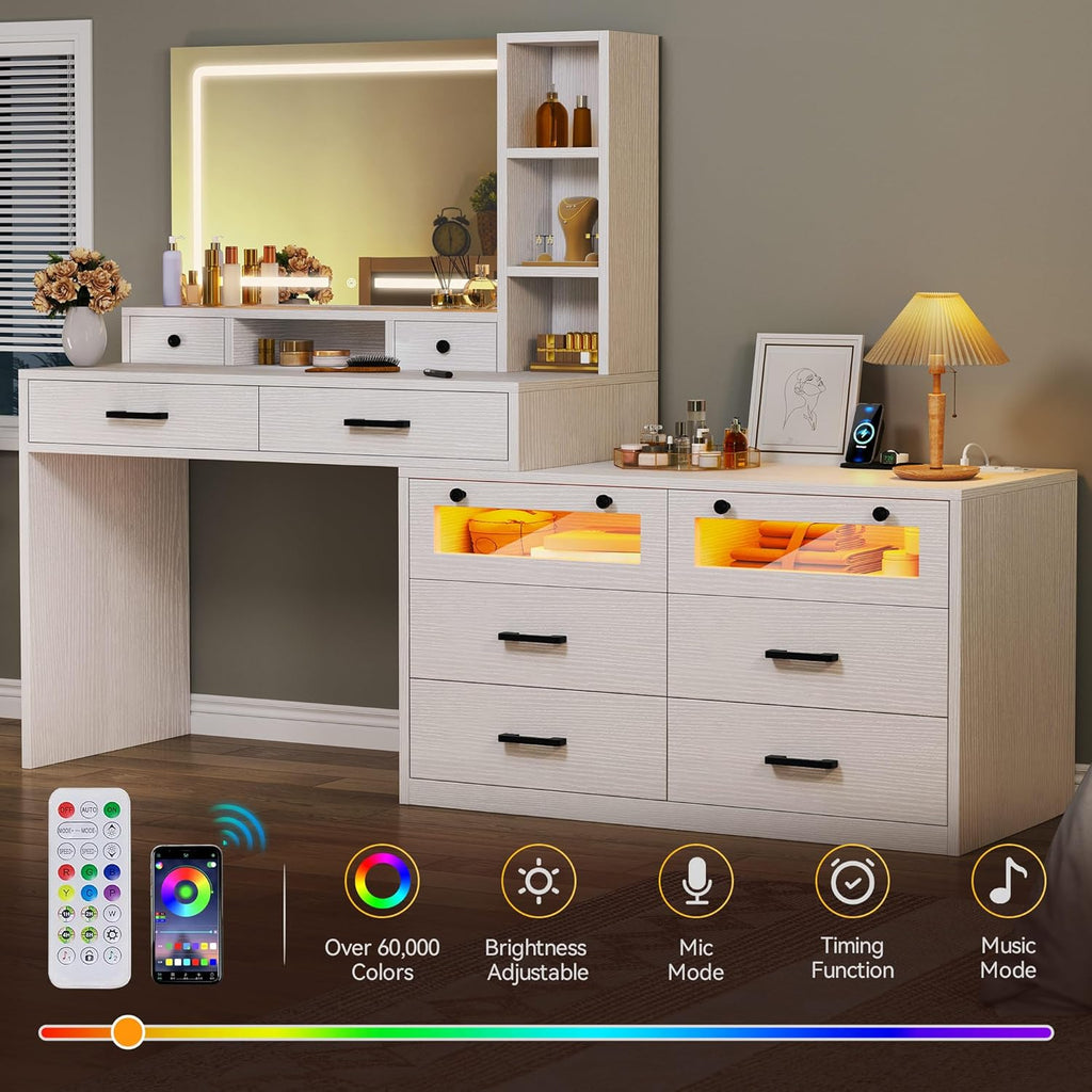 DWVO Makeup Vanity Set with Mirror & 3-Mode Lights, Vanity Desk with Storage Stool, Power Outlet, Shelves, Drawers & Hair Tool Holder, Dressing Table for Apartment Dorm Guest Room, White