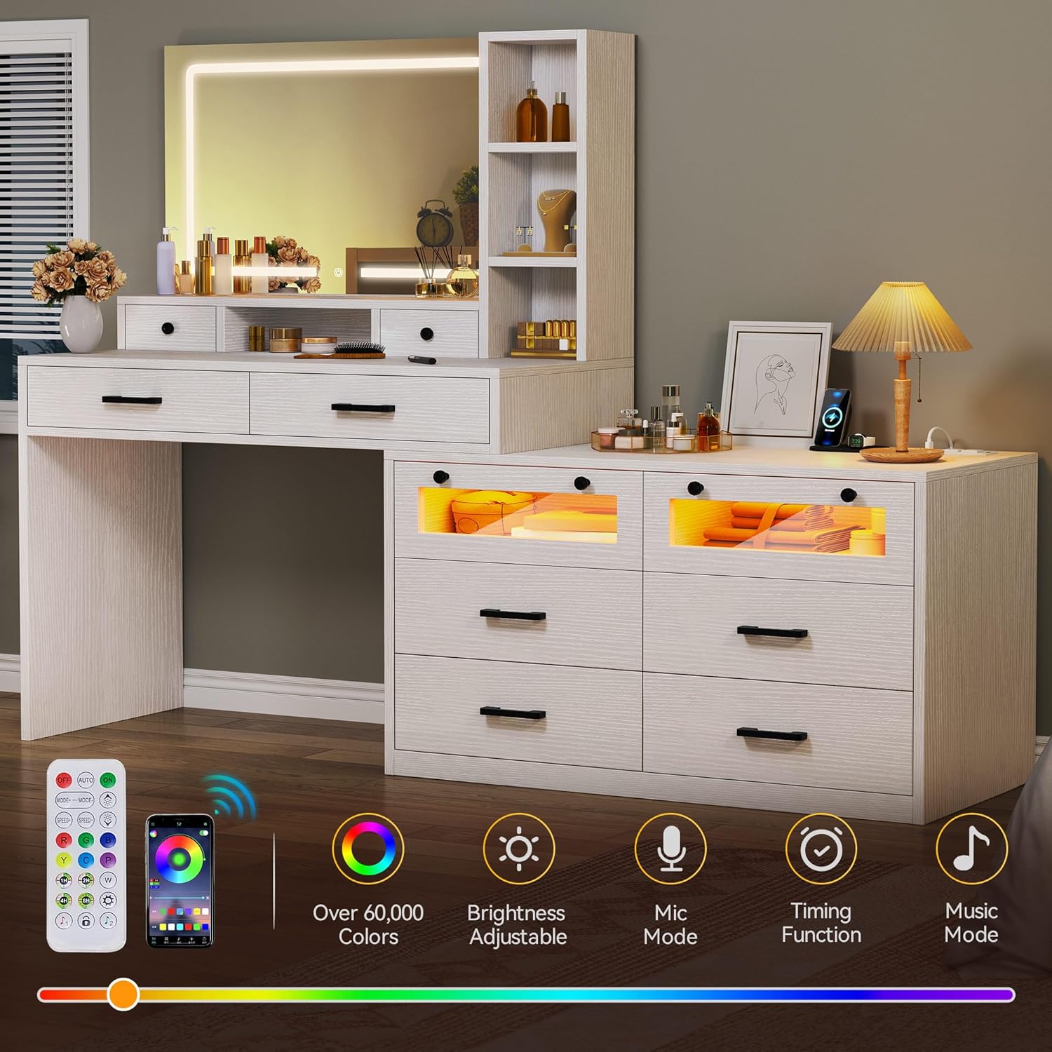 DWVO Makeup Vanity Set with Mirror & 3-Mode Lights, Vanity Desk with Storage Stool, Power Outlet, Shelves, Drawers & Hair Tool Holder, Dressing Table for Apartment Dorm Guest Room, White