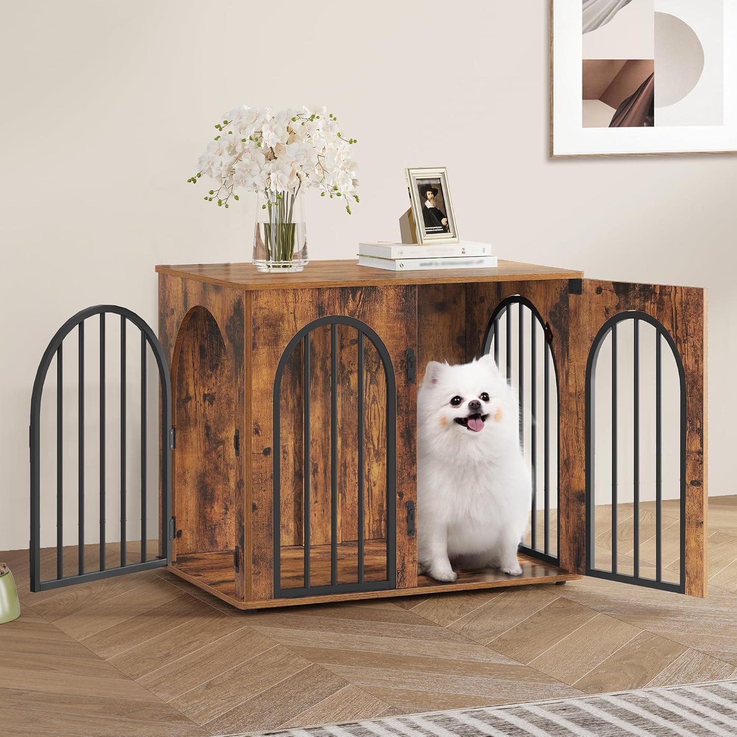 31.5'' Wooden Dog Crate Furniture, Indoor Dog Kennel Dogs Cage for Small/Medium Dogs, Heavy Duty Dog Crates Decorative Pet House End Side Table TV Stand, Rustic Brown DFC85101B