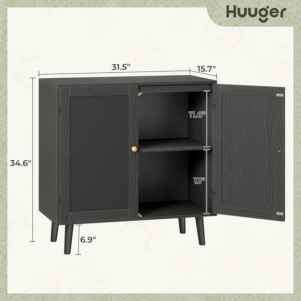 Huuger Buffet Cabinet with Storage, Storage Cabinet with PE Rattan Decor Doors, Accent Sideboard Buffet with Solid Wood Feet, for Hallway, Entry, Living Room, Natural