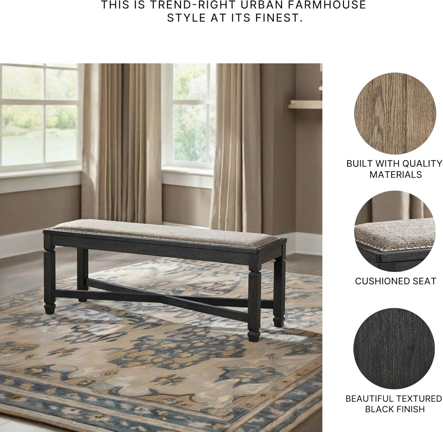 Signature Design by Ashley Bolanburg Casual French Country Upholstered Dining Room Bench with Nailhead Trim, Heavy Woven Fabric, Wood, Antique White & Tan