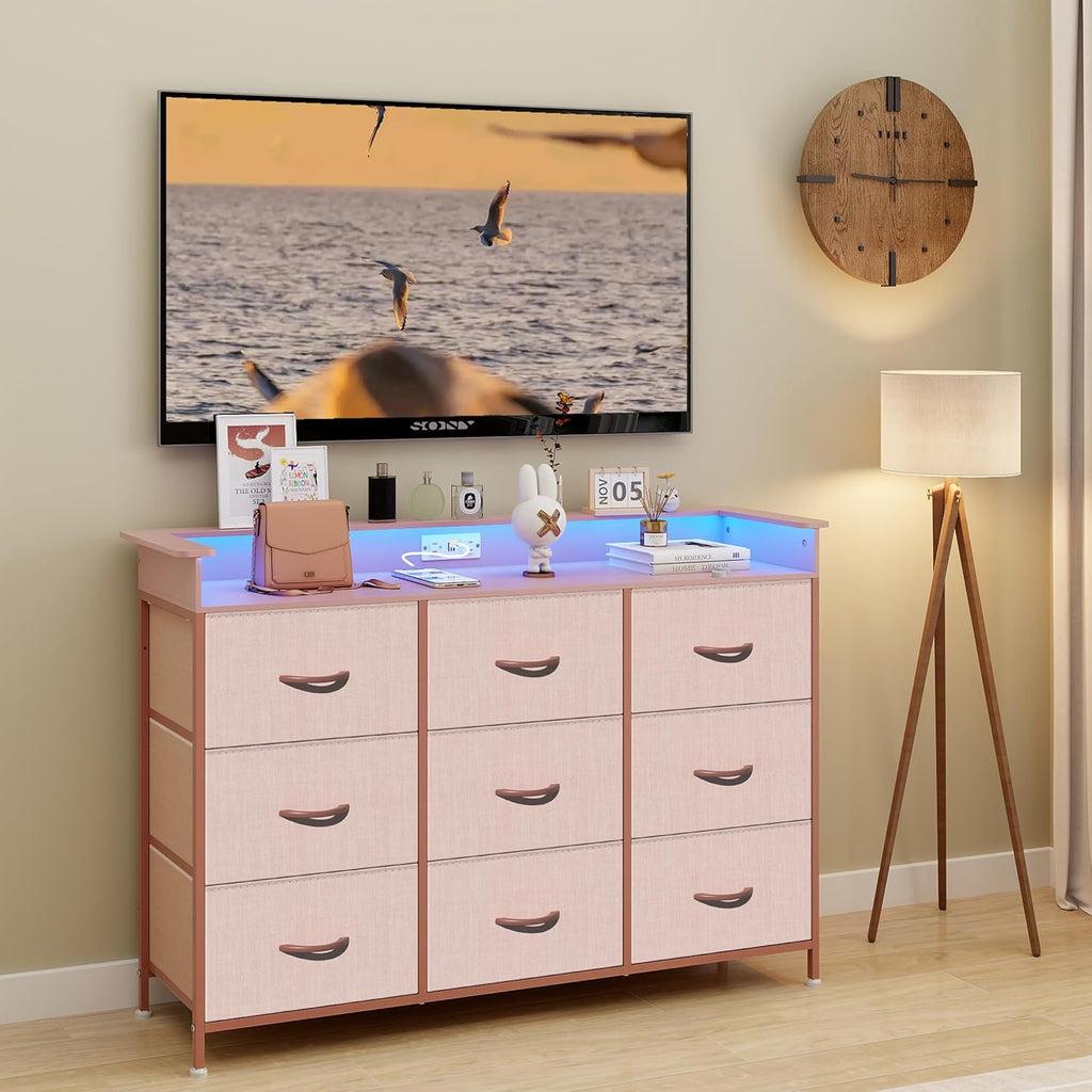 EXOTICA White Dresser with LED Light for Bedroom 9 Drawer Dressers with Charging Station Chests of Drawers for Entryway Closet Living Room Hallway Sturdy Steel Frame Wooden Top Easy Pull Handle