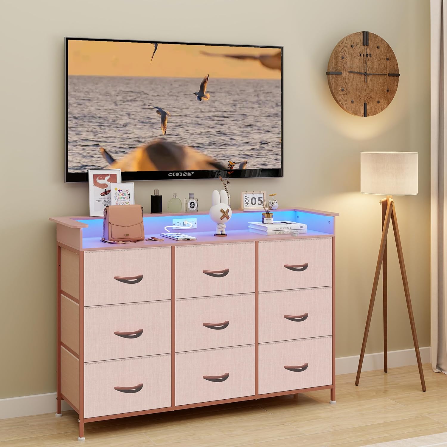 EXOTICA White Dresser with LED Light for Bedroom 9 Drawer Dressers with Charging Station Chests of Drawers for Entryway Closet Living Room Hallway Sturdy Steel Frame Wooden Top Easy Pull Handle