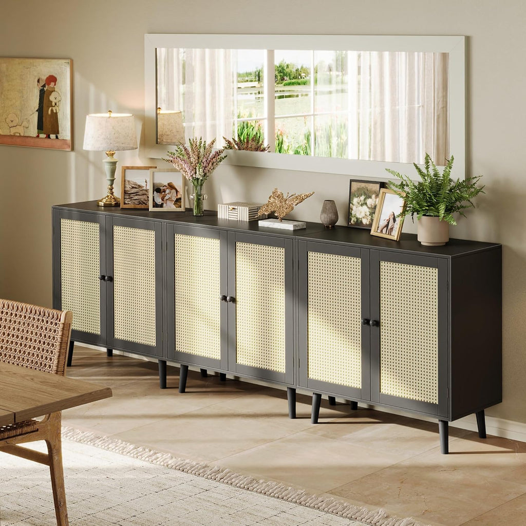 Huuger Buffet Cabinet with Storage, Storage Cabinet with PE Rattan Decor Doors, Accent Sideboard Buffet with Solid Wood Feet, for Hallway, Entry, Living Room, Natural