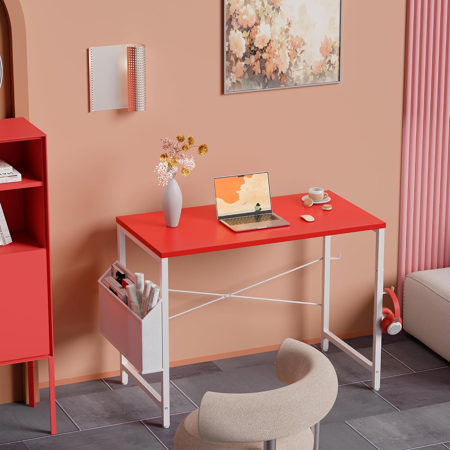 Pamray 32 Inch Computer Desk for Small Spaces with Storage Bag, Home Office Work Desk with Headphone Hook, Small Office Desk Study Writing Table