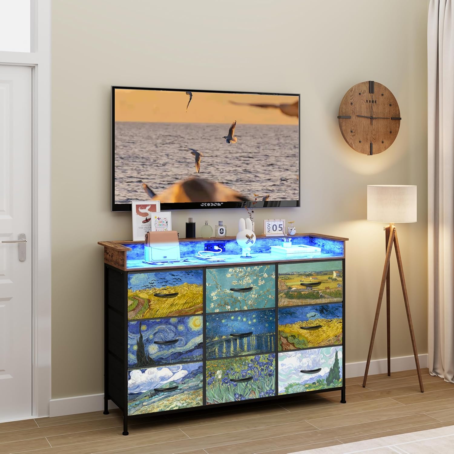 EXOTICA White Dresser with LED Light for Bedroom 9 Drawer Dressers with Charging Station Chests of Drawers for Entryway Closet Living Room Hallway Sturdy Steel Frame Wooden Top Easy Pull Handle