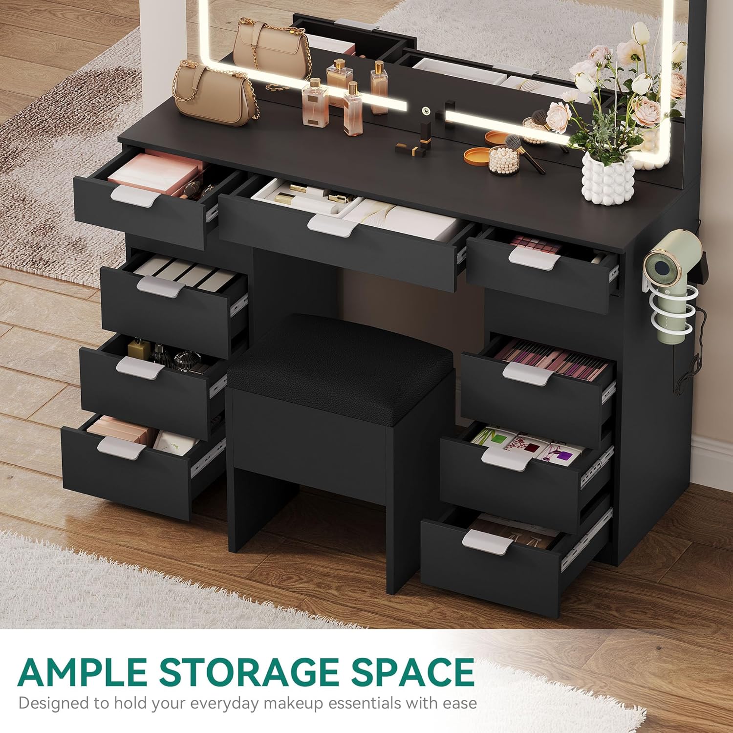 YITAHOME 46" Vanity Table with LED Lighted Mirror, Makeup Desk with 11 Drawers, Cushioned Storage Stool, Vanity Set with Power Outlet & Magnifying Mirror, White