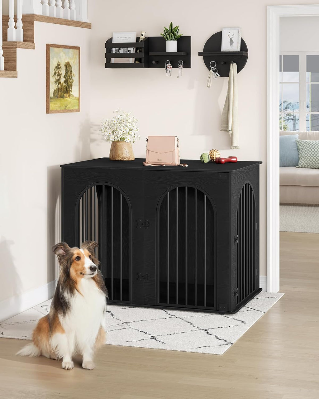 31.5'' Wooden Dog Crate Furniture, Indoor Dog Kennel Dogs Cage for Small/Medium Dogs, Heavy Duty Dog Crates Decorative Pet House End Side Table TV Stand, Rustic Brown DFC85101B