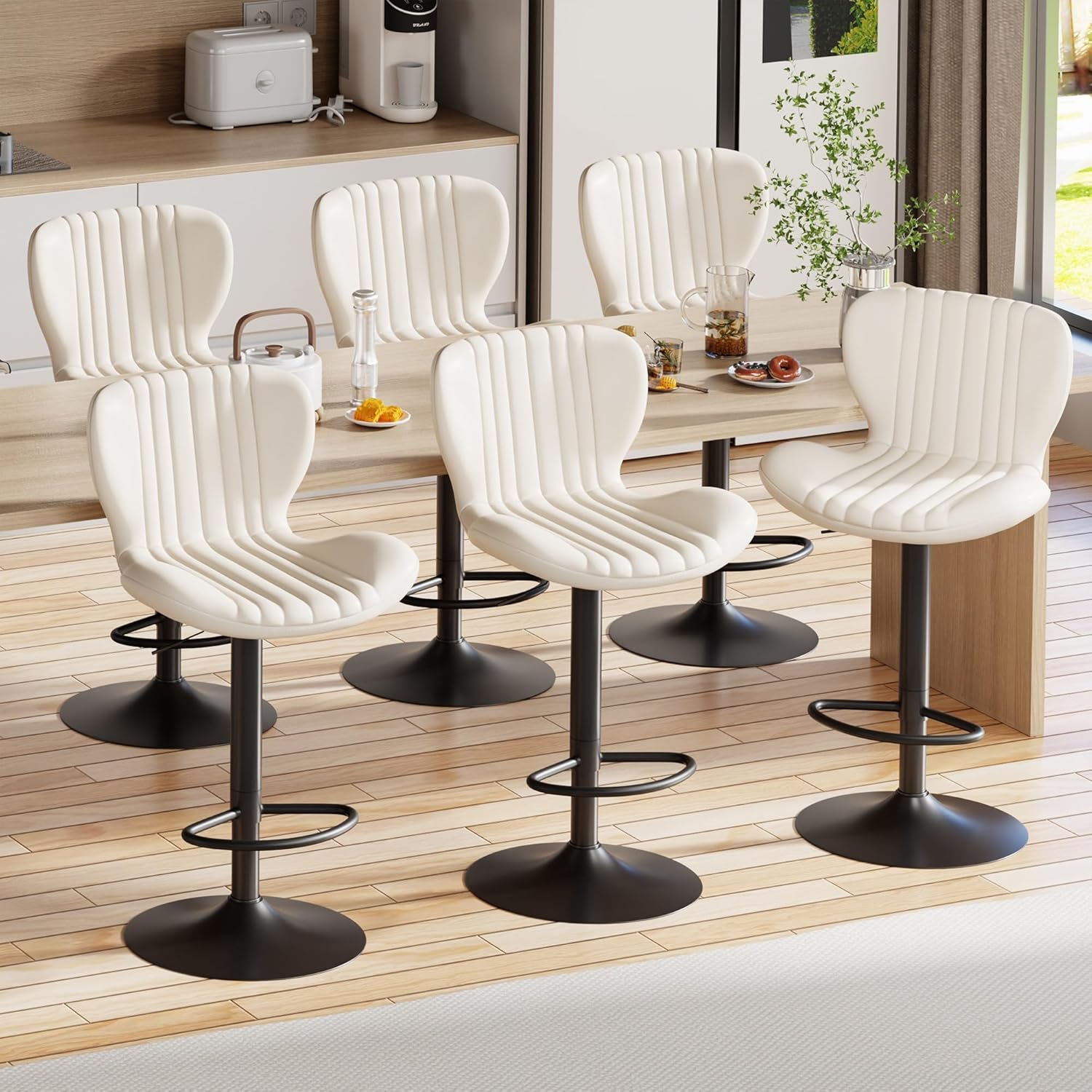 Shintenchi Bar Stools Set of 4 Modern Swivel Bar Chairs, Counter Height Faux Leather Metal Barstools, Upholstered Island Chairs with Back and Footrest, Coffee