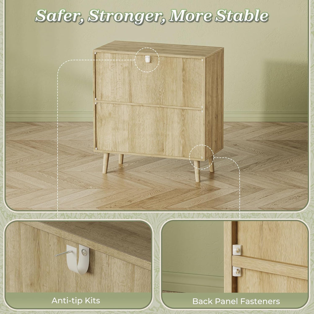 Huuger Buffet Cabinet with Storage, Storage Cabinet with PE Rattan Decor Doors, Accent Sideboard Buffet with Solid Wood Feet, for Hallway, Entry, Living Room, Natural