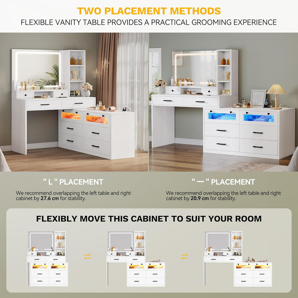 DWVO Makeup Vanity Set with Mirror & 3-Mode Lights, Vanity Desk with Storage Stool, Power Outlet, Shelves, Drawers & Hair Tool Holder, Dressing Table for Apartment Dorm Guest Room, White
