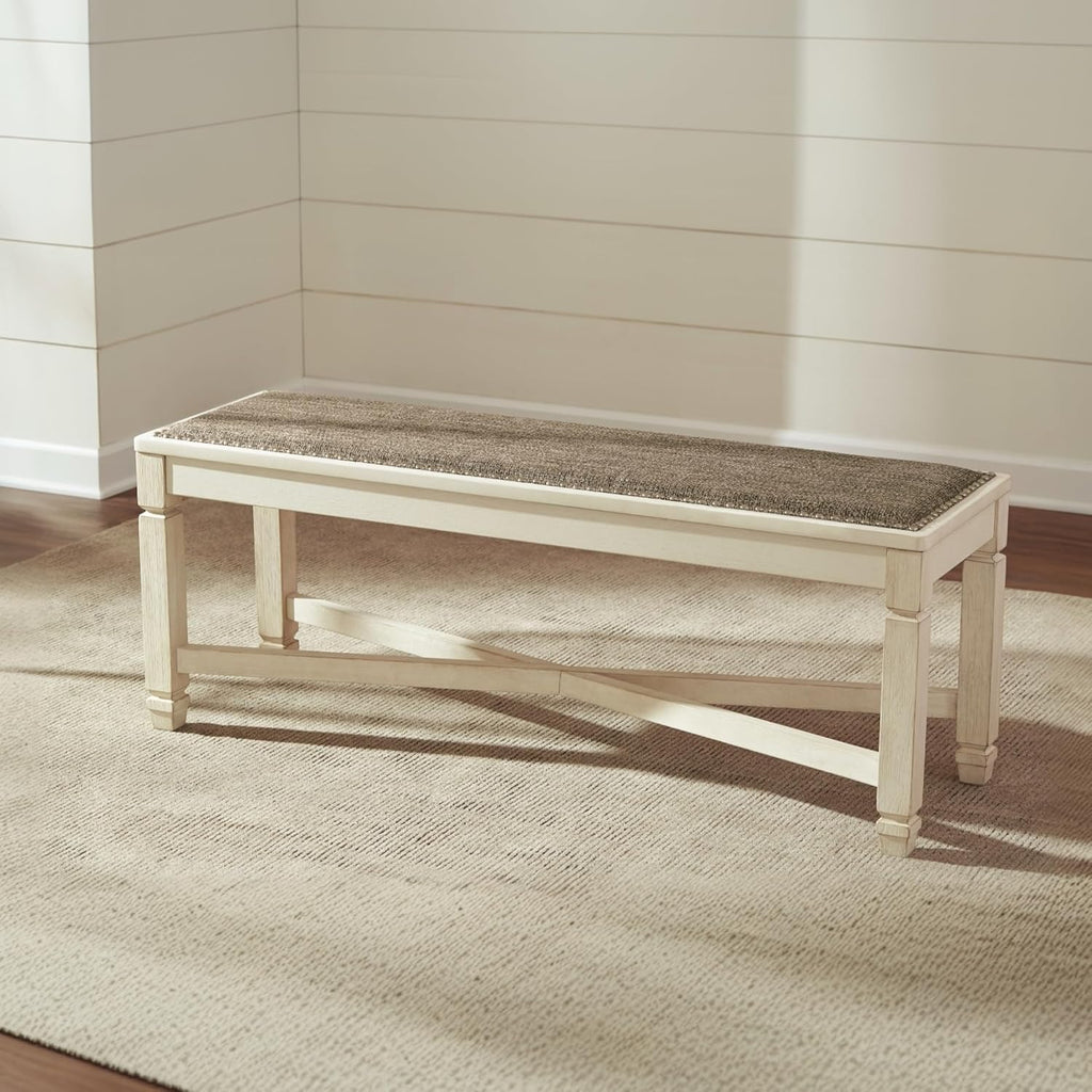 Signature Design by Ashley Bolanburg Casual French Country Upholstered Dining Room Bench with Nailhead Trim, Heavy Woven Fabric, Wood, Antique White & Tan