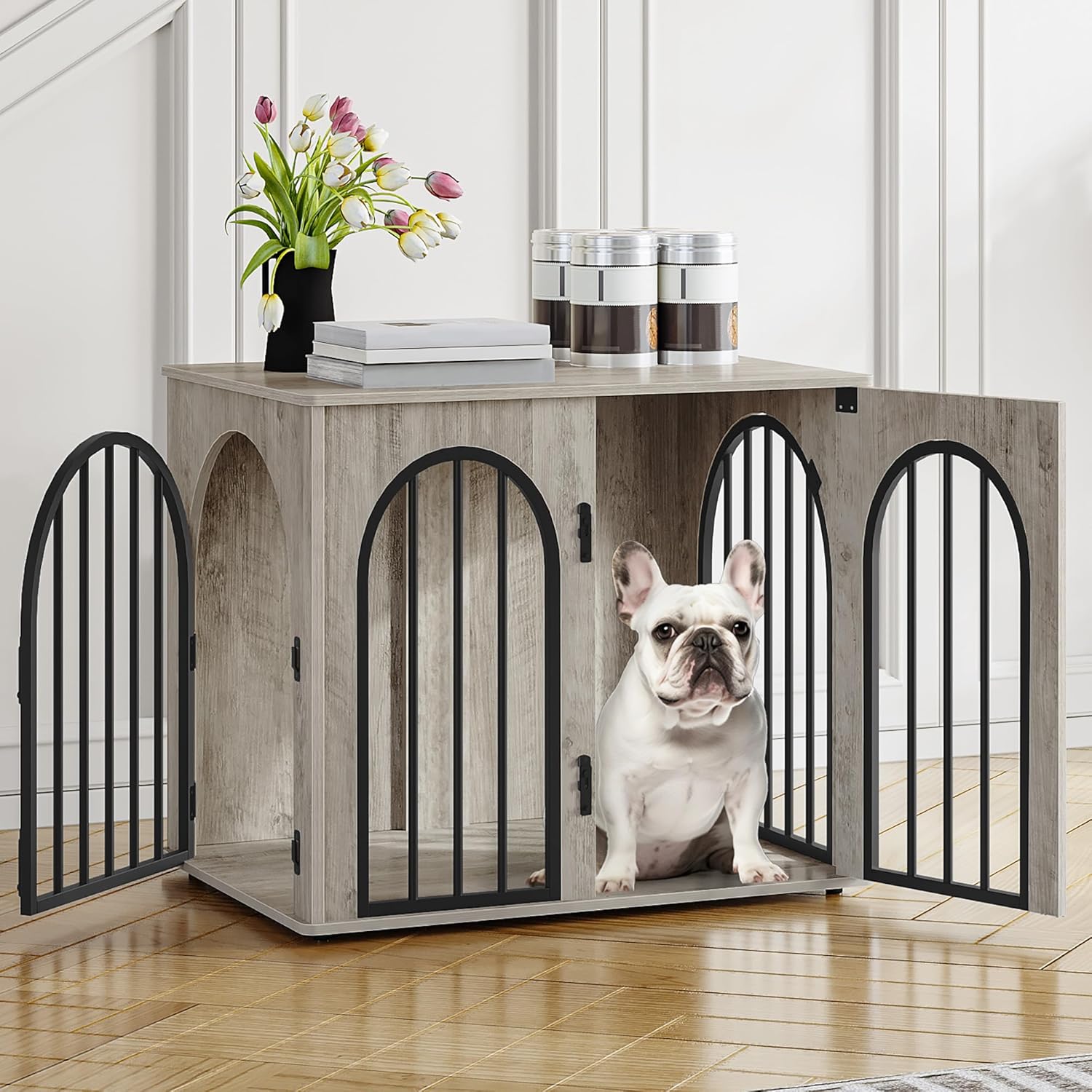 31.5'' Wooden Dog Crate Furniture, Indoor Dog Kennel Dogs Cage for Small/Medium Dogs, Heavy Duty Dog Crates Decorative Pet House End Side Table TV Stand, Rustic Brown DFC85101B