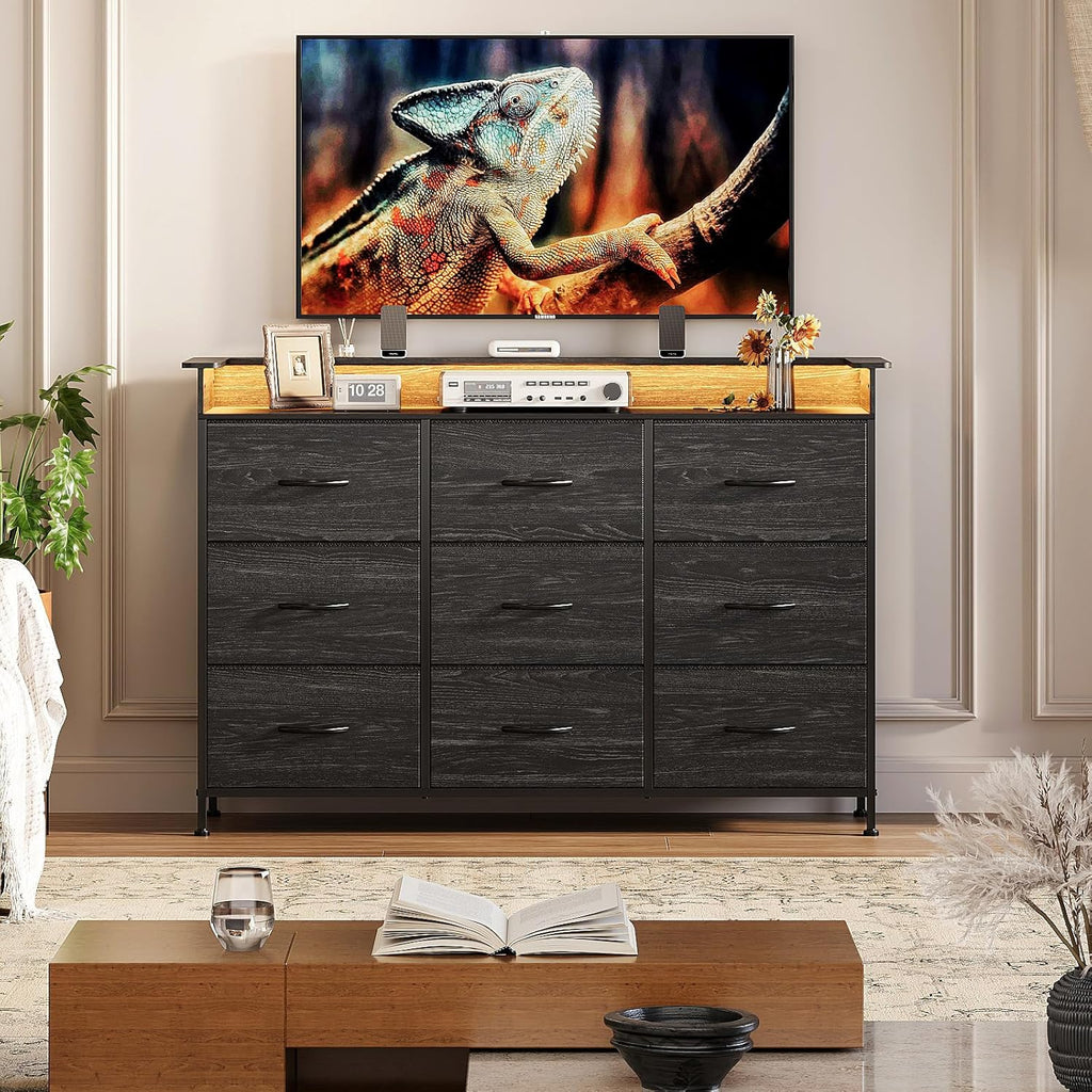 EXOTICA White Dresser with LED Light for Bedroom 9 Drawer Dressers with Charging Station Chests of Drawers for Entryway Closet Living Room Hallway Sturdy Steel Frame Wooden Top Easy Pull Handle