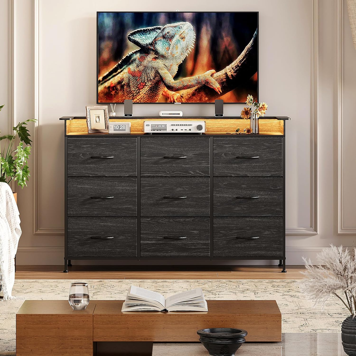 EXOTICA White Dresser with LED Light for Bedroom 9 Drawer Dressers with Charging Station Chests of Drawers for Entryway Closet Living Room Hallway Sturdy Steel Frame Wooden Top Easy Pull Handle