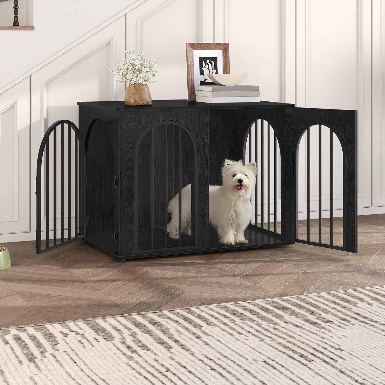 31.5'' Wooden Dog Crate Furniture, Indoor Dog Kennel Dogs Cage for Small/Medium Dogs, Heavy Duty Dog Crates Decorative Pet House End Side Table TV Stand, Rustic Brown DFC85101B