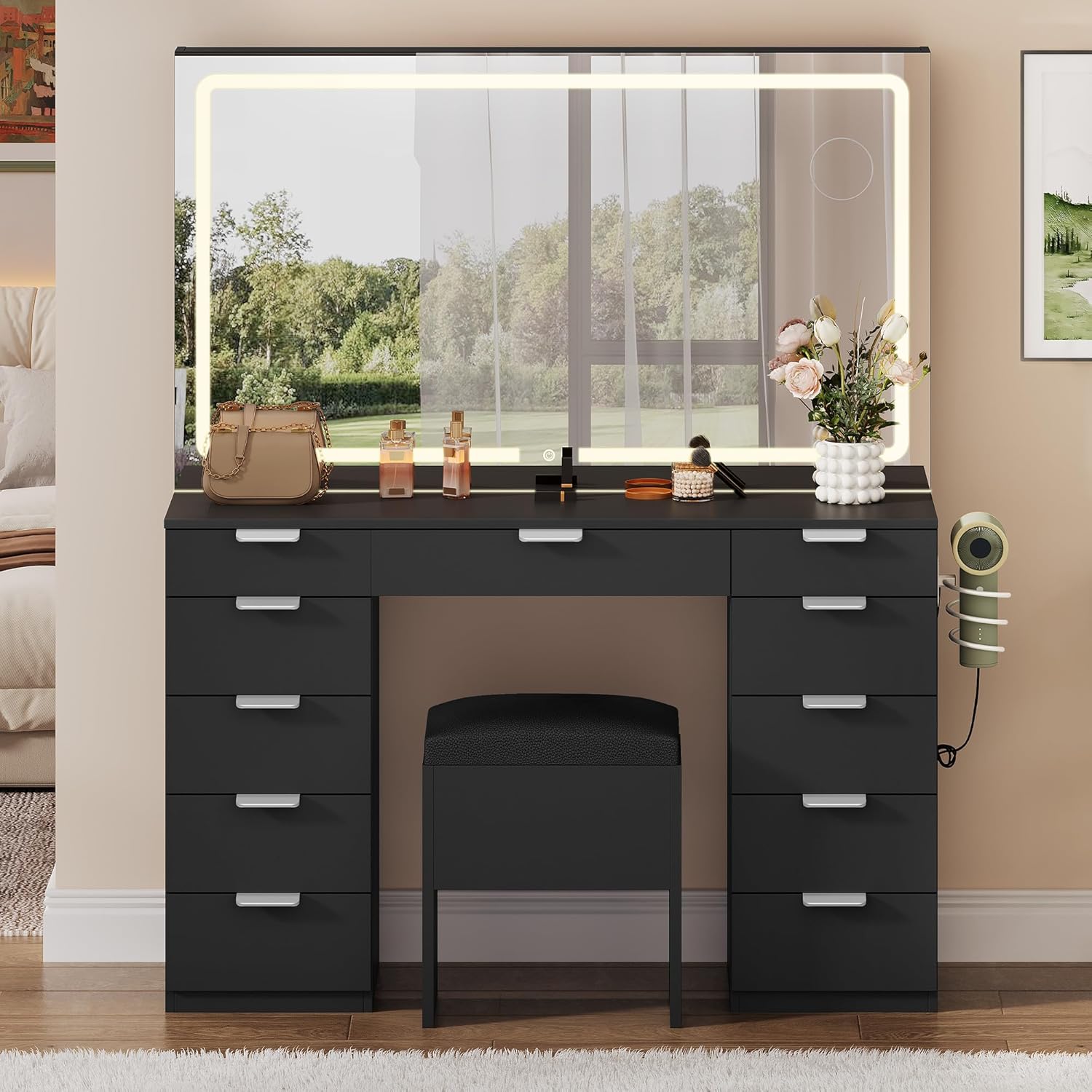 YITAHOME 46" Vanity Table with LED Lighted Mirror, Makeup Desk with 11 Drawers, Cushioned Storage Stool, Vanity Set with Power Outlet & Magnifying Mirror, White