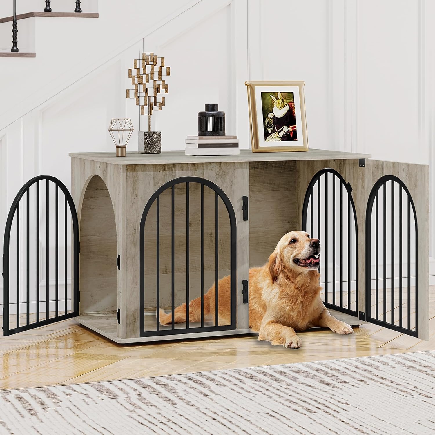 31.5'' Wooden Dog Crate Furniture, Indoor Dog Kennel Dogs Cage for Small/Medium Dogs, Heavy Duty Dog Crates Decorative Pet House End Side Table TV Stand, Rustic Brown DFC85101B