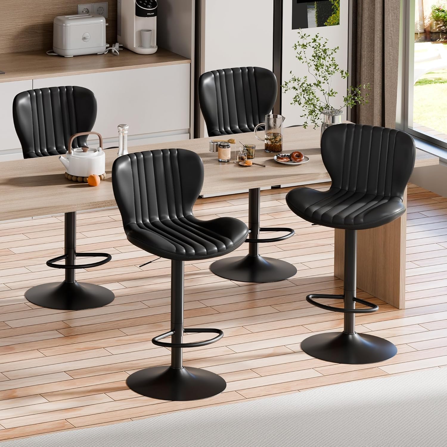 Shintenchi Bar Stools Set of 4 Modern Swivel Bar Chairs, Counter Height Faux Leather Metal Barstools, Upholstered Island Chairs with Back and Footrest, Coffee