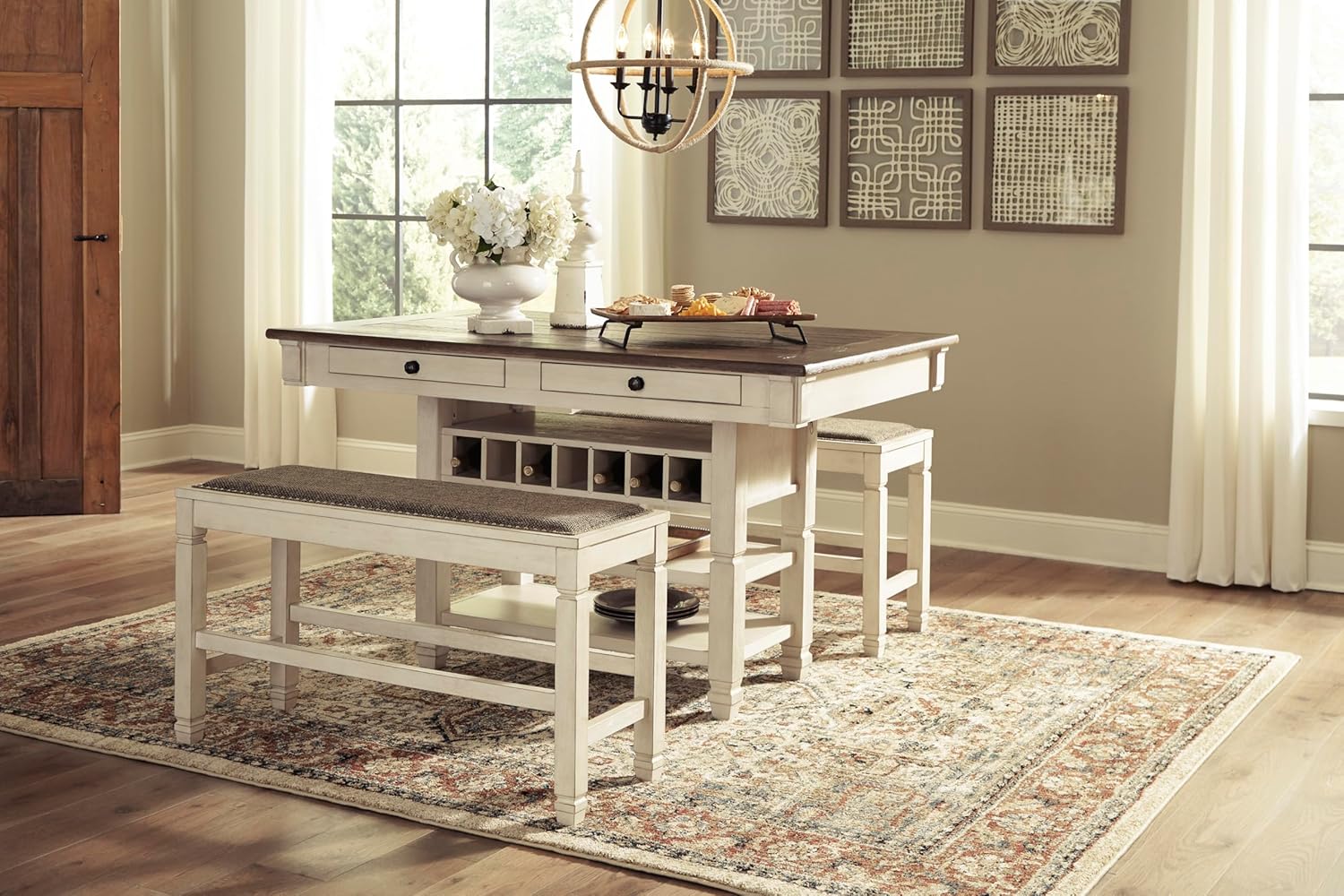 Signature Design by Ashley Bolanburg Casual French Country Upholstered Dining Room Bench with Nailhead Trim, Heavy Woven Fabric, Wood, Antique White & Tan