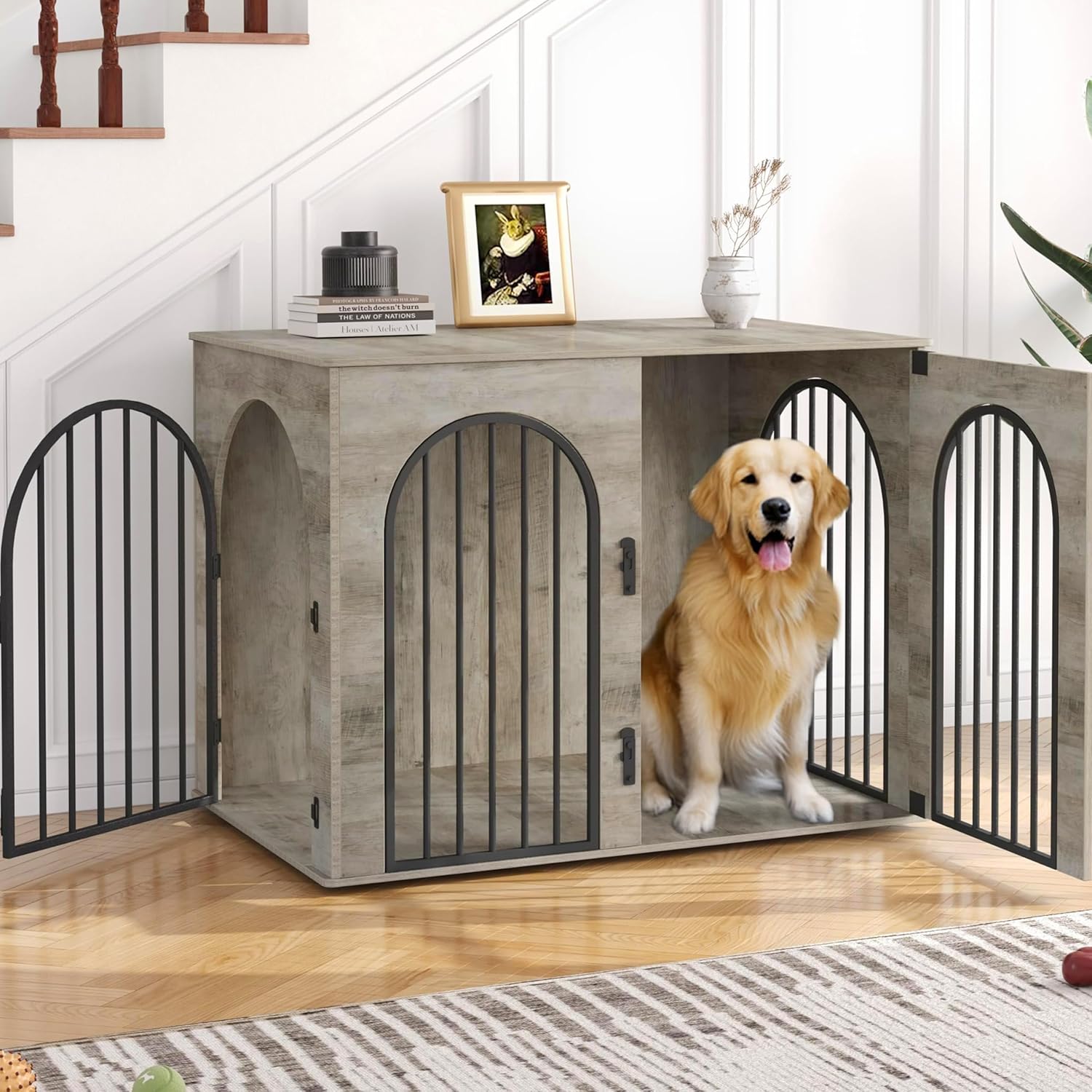 31.5'' Wooden Dog Crate Furniture, Indoor Dog Kennel Dogs Cage for Small/Medium Dogs, Heavy Duty Dog Crates Decorative Pet House End Side Table TV Stand, Rustic Brown DFC85101B