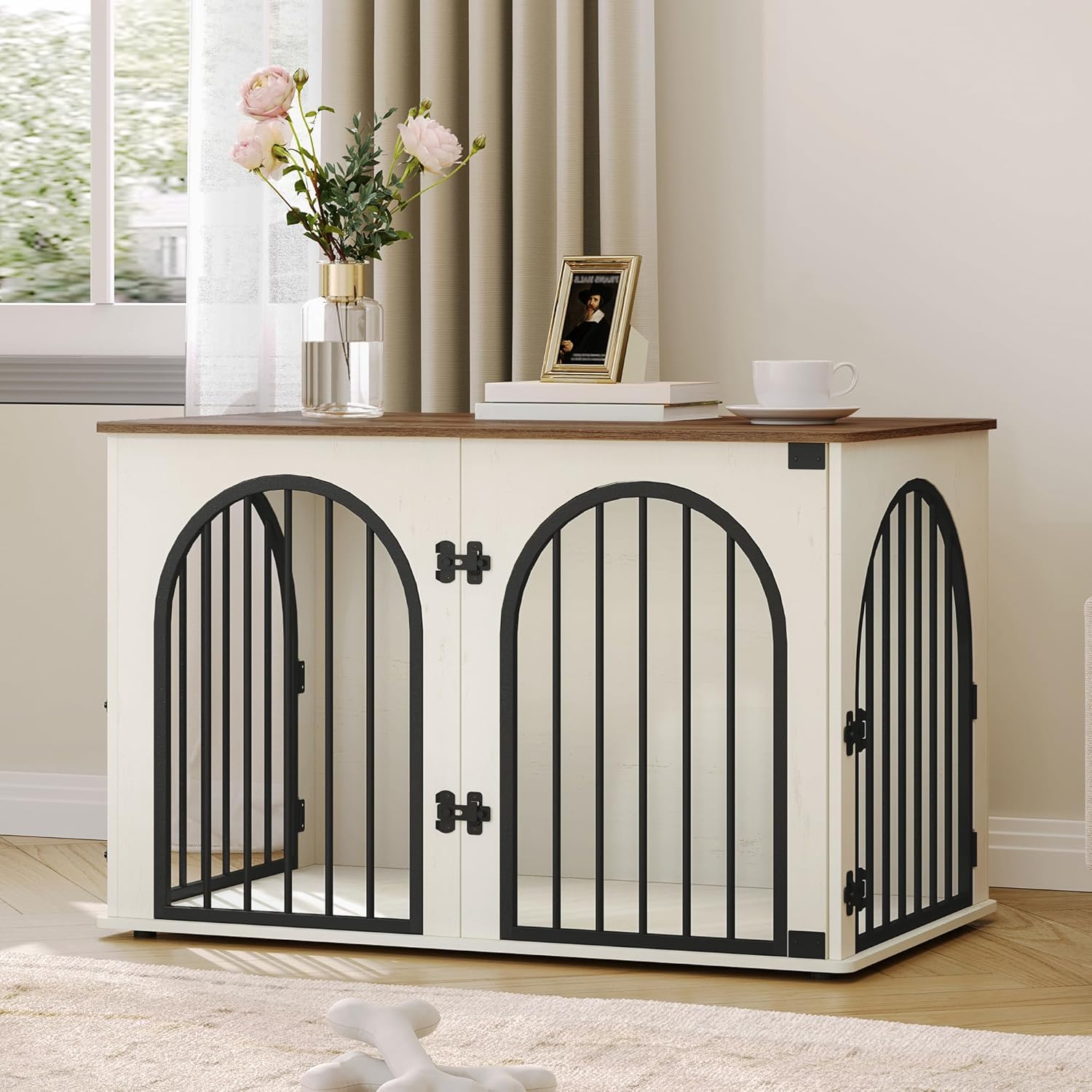 31.5'' Wooden Dog Crate Furniture, Indoor Dog Kennel Dogs Cage for Small/Medium Dogs, Heavy Duty Dog Crates Decorative Pet House End Side Table TV Stand, Rustic Brown DFC85101B