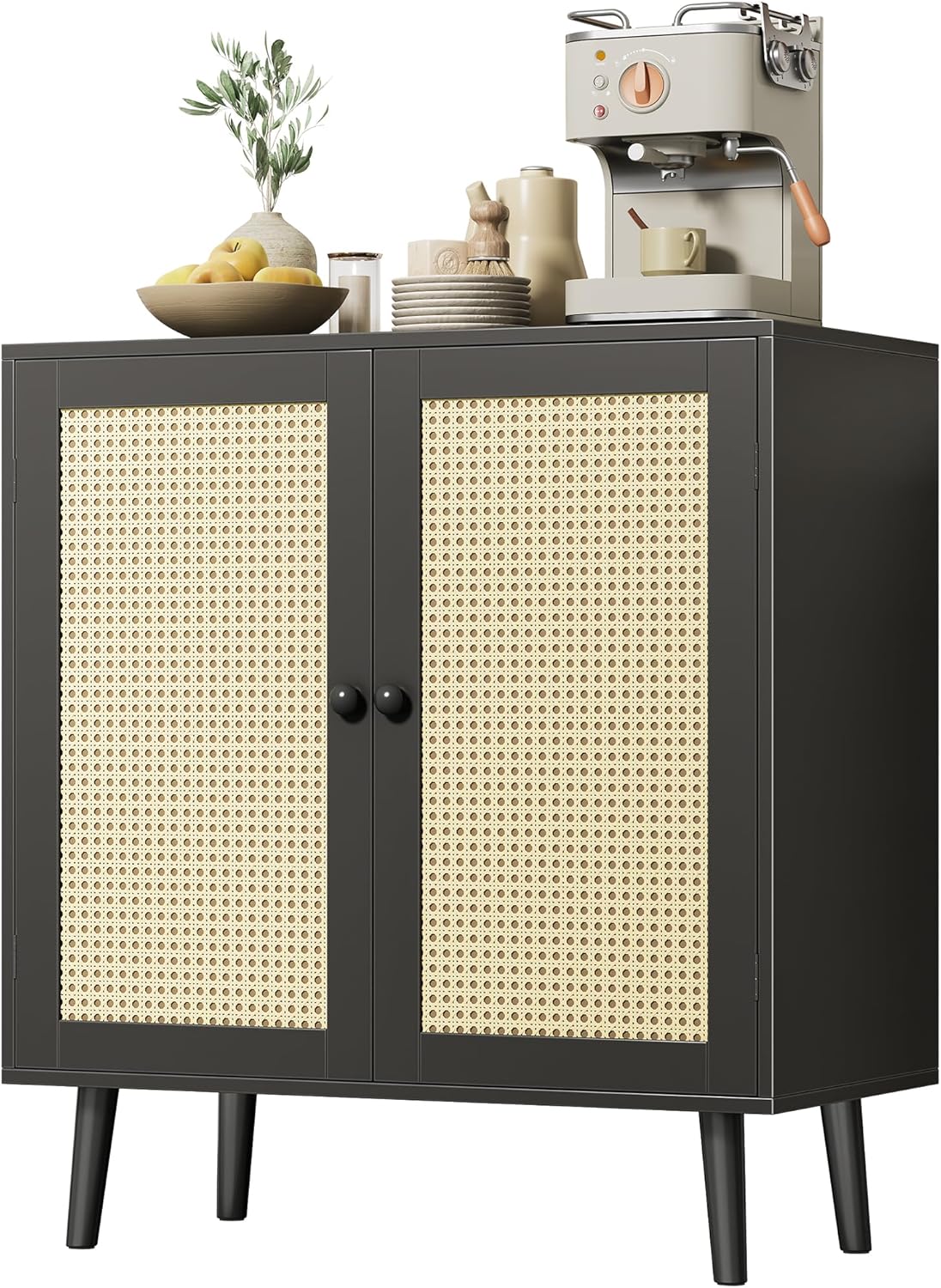 Huuger Buffet Cabinet with Storage, Storage Cabinet with PE Rattan Decor Doors, Accent Sideboard Buffet with Solid Wood Feet, for Hallway, Entry, Living Room, Natural