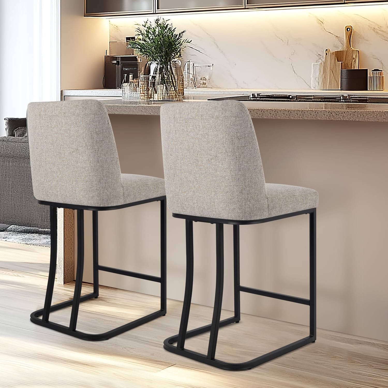 Counter Height Bar Stools Set of 2, 24 Inch Seat Height Bar Chairs for Kitchen Island, Fabric Upholstered Barstools with Metal Feet for Dining Room, Sand Color