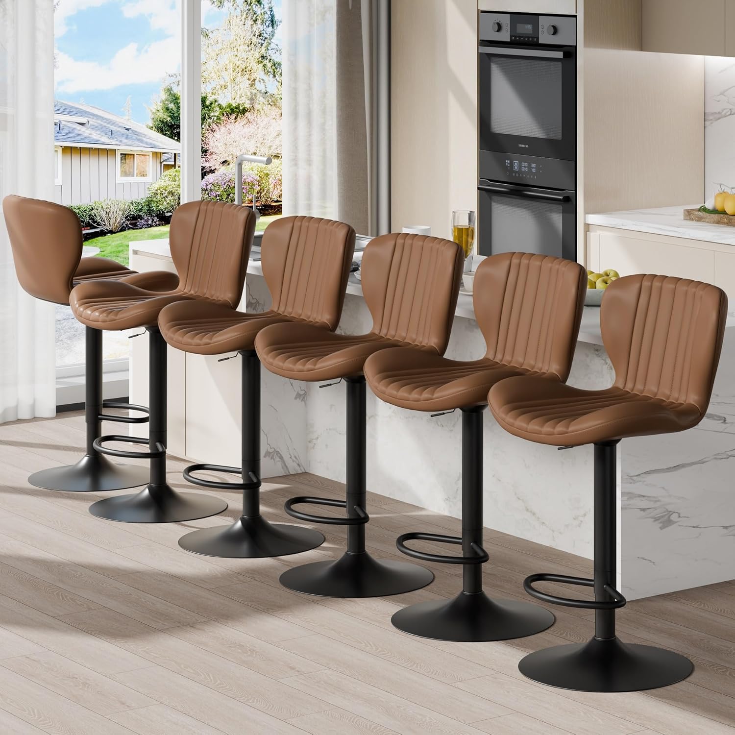 Shintenchi Bar Stools Set of 4 Modern Swivel Bar Chairs, Counter Height Faux Leather Metal Barstools, Upholstered Island Chairs with Back and Footrest, Coffee