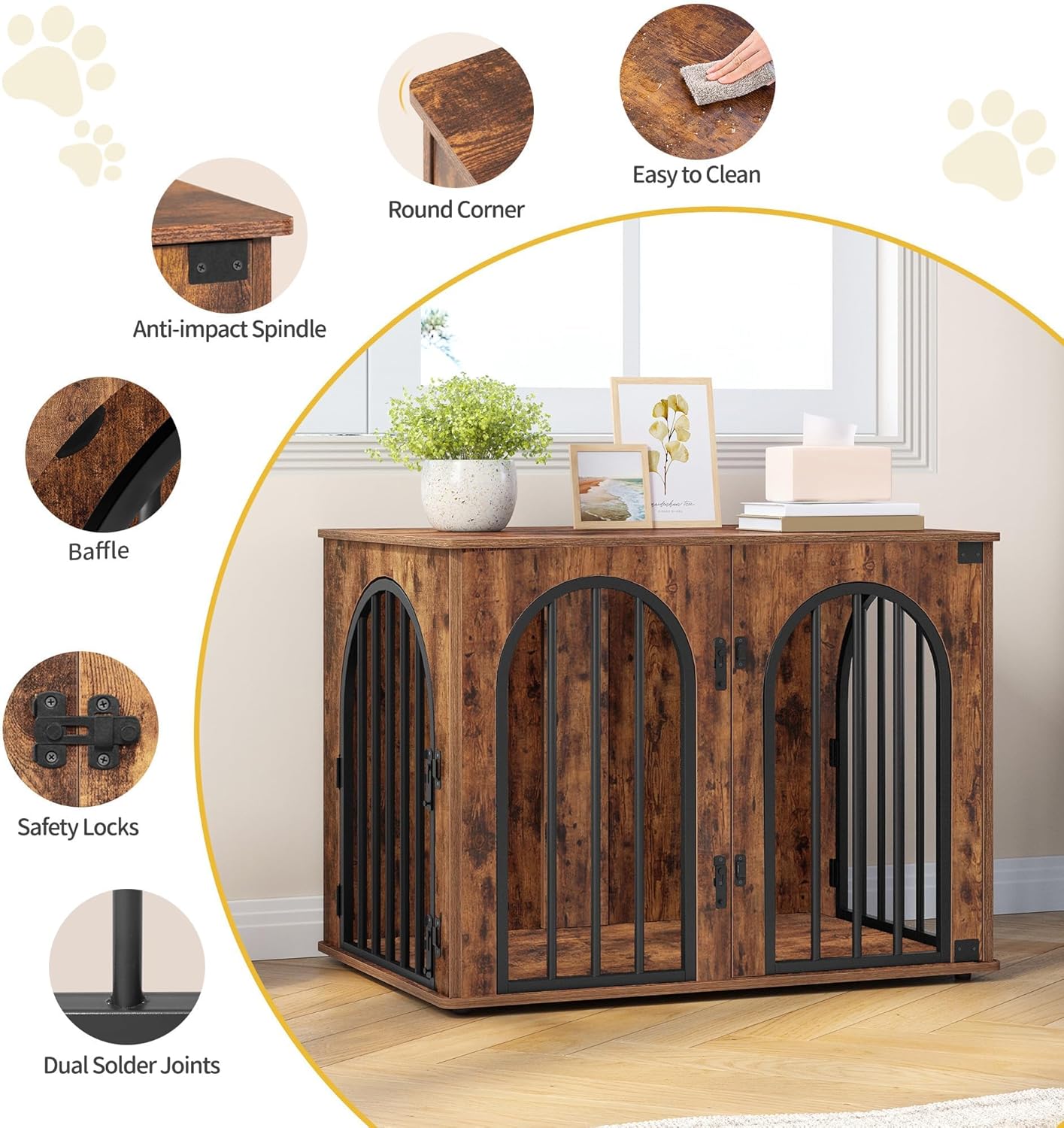 31.5'' Wooden Dog Crate Furniture, Indoor Dog Kennel Dogs Cage for Small/Medium Dogs, Heavy Duty Dog Crates Decorative Pet House End Side Table TV Stand, Rustic Brown DFC85101B