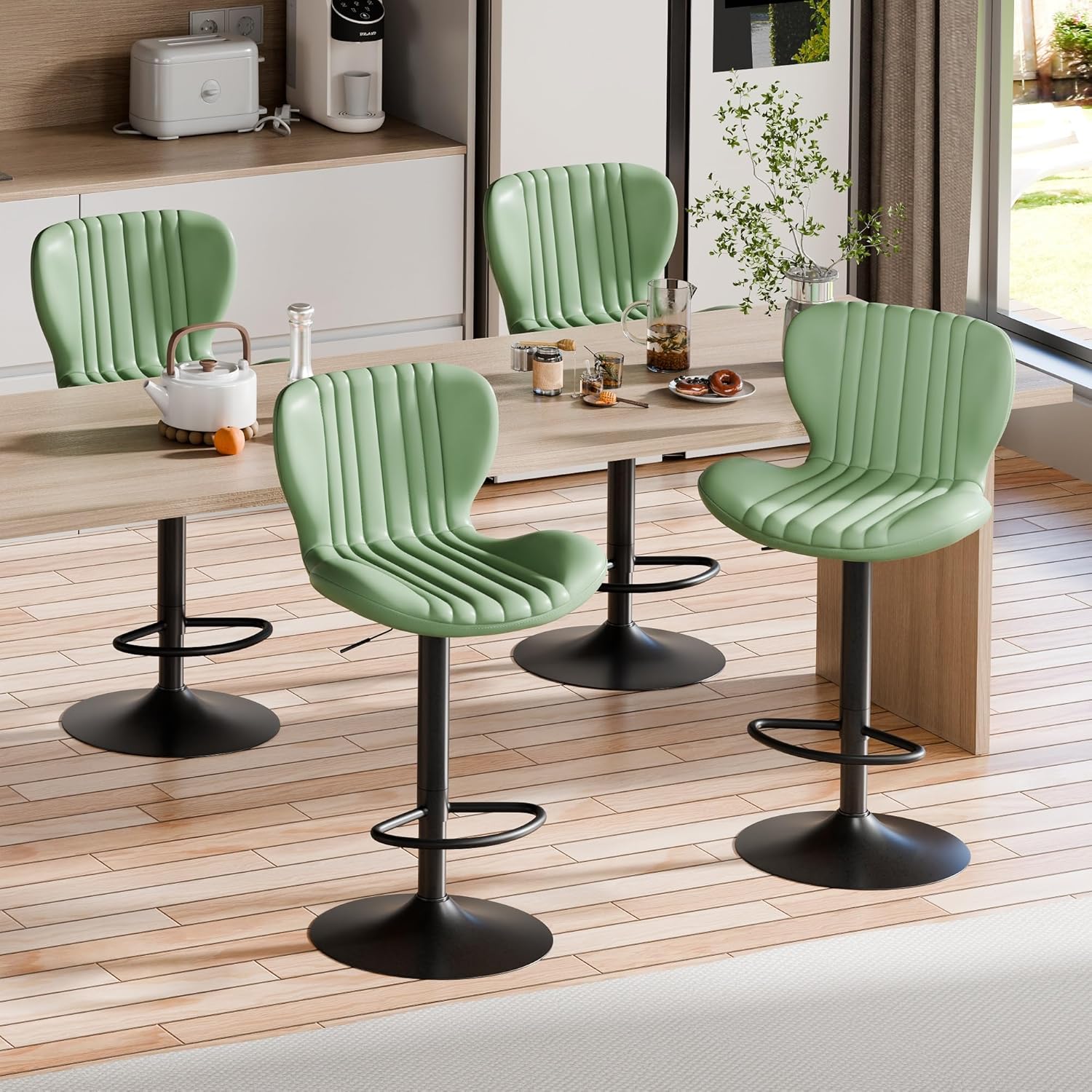 Shintenchi Bar Stools Set of 4 Modern Swivel Bar Chairs, Counter Height Faux Leather Metal Barstools, Upholstered Island Chairs with Back and Footrest, Coffee