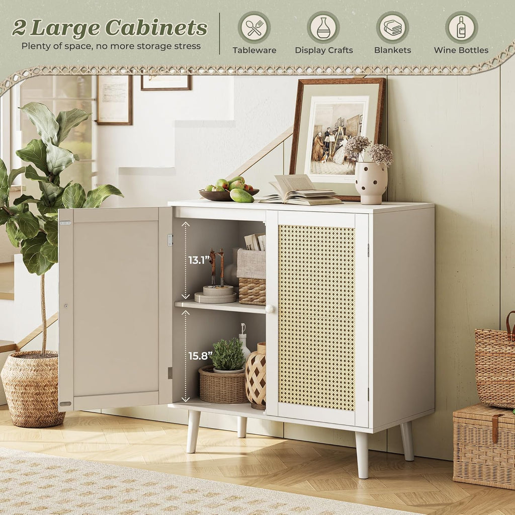 Huuger Buffet Cabinet with Storage, Storage Cabinet with PE Rattan Decor Doors, Accent Sideboard Buffet with Solid Wood Feet, for Hallway, Entry, Living Room, Natural