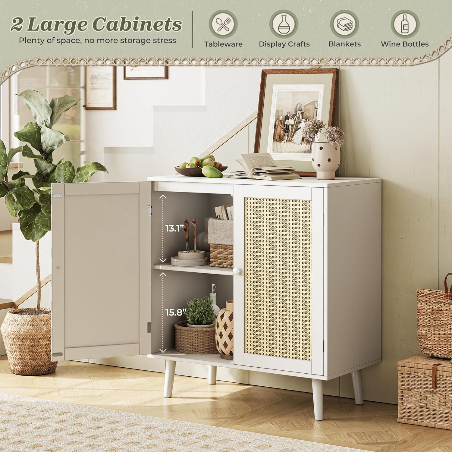 Huuger Buffet Cabinet with Storage, Storage Cabinet with PE Rattan Decor Doors, Accent Sideboard Buffet with Solid Wood Feet, for Hallway, Entry, Living Room, Natural