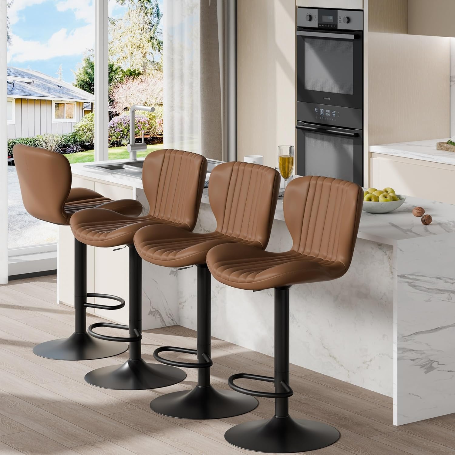 Shintenchi Bar Stools Set of 4 Modern Swivel Bar Chairs, Counter Height Faux Leather Metal Barstools, Upholstered Island Chairs with Back and Footrest, Coffee