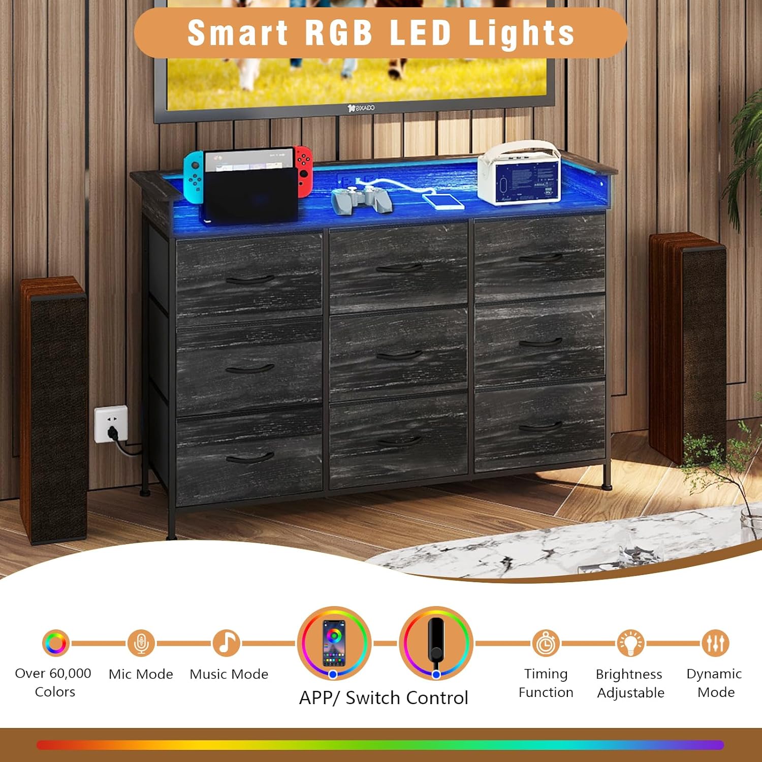 EXOTICA White Dresser with LED Light for Bedroom 9 Drawer Dressers with Charging Station Chests of Drawers for Entryway Closet Living Room Hallway Sturdy Steel Frame Wooden Top Easy Pull Handle