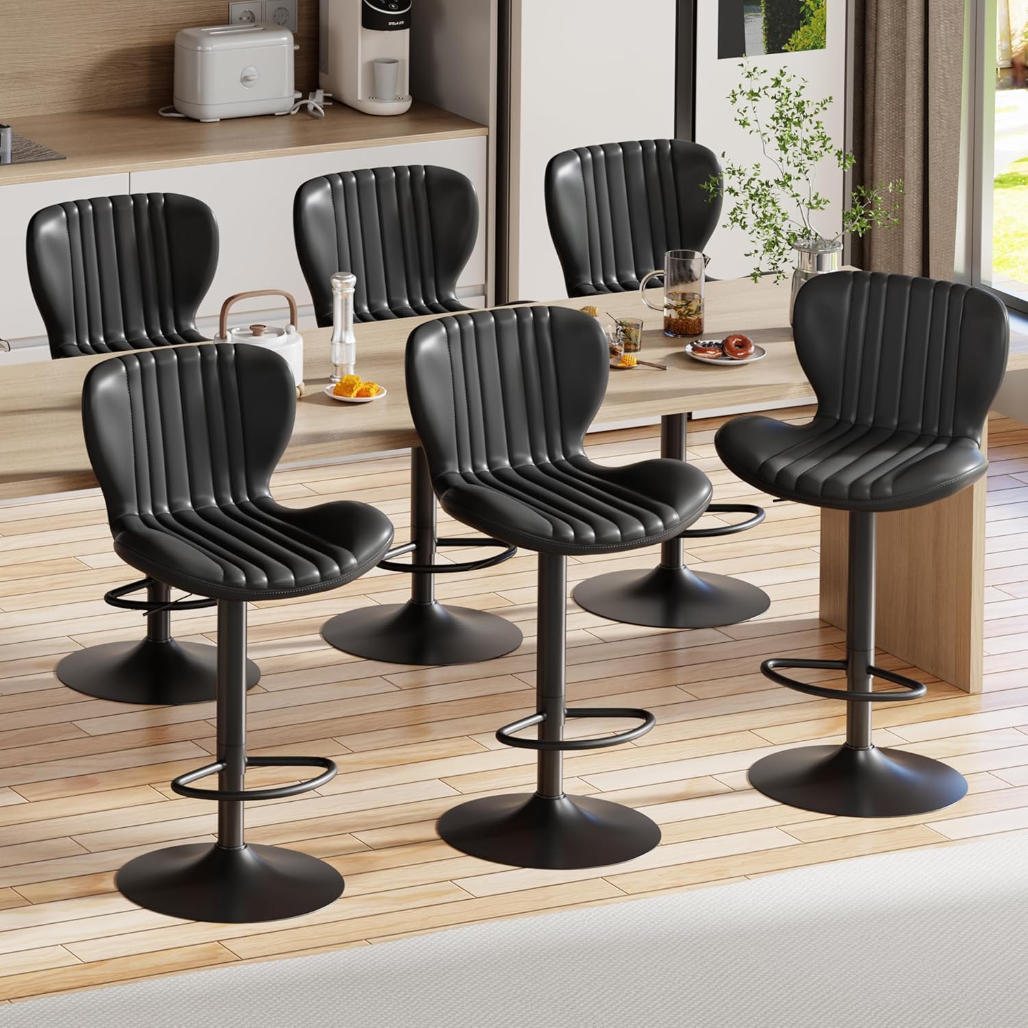 Shintenchi Bar Stools Set of 4 Modern Swivel Bar Chairs, Counter Height Faux Leather Metal Barstools, Upholstered Island Chairs with Back and Footrest, Coffee
