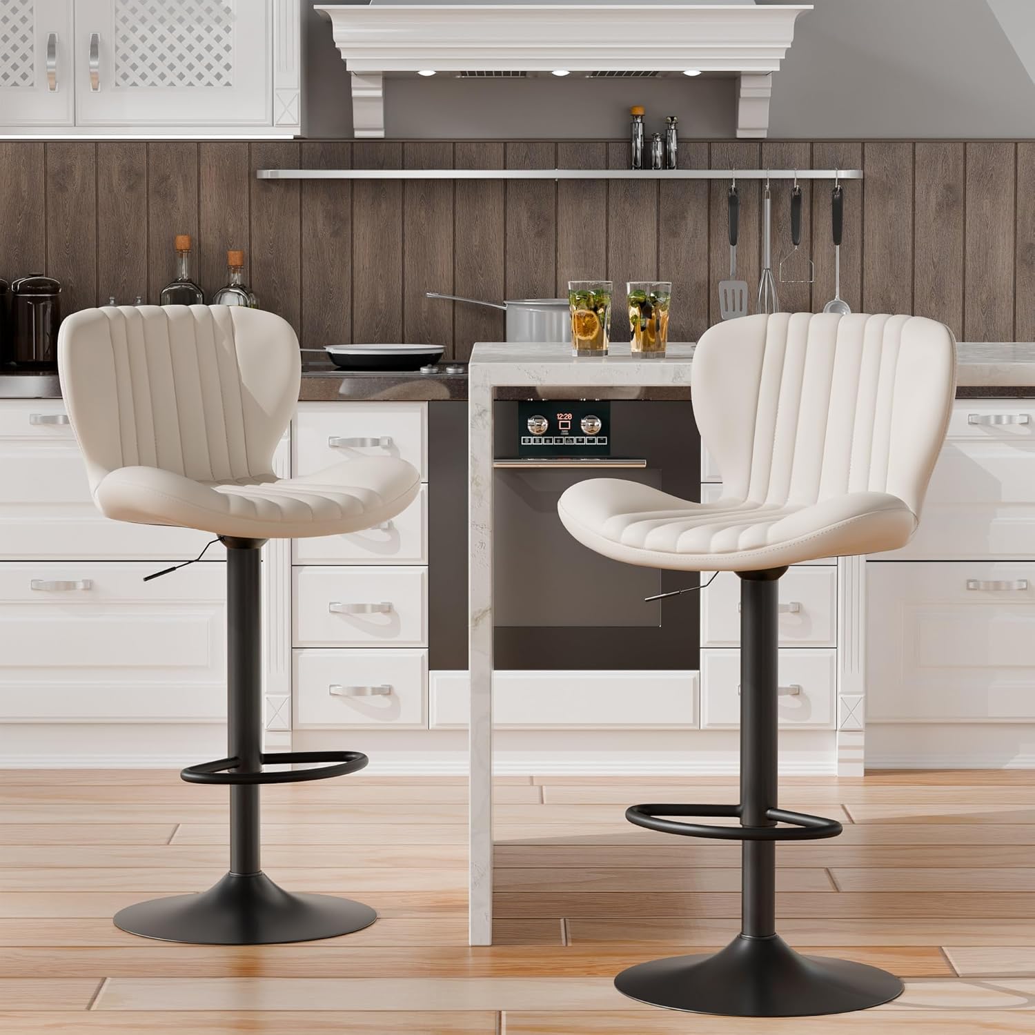 Shintenchi Bar Stools Set of 4 Modern Swivel Bar Chairs, Counter Height Faux Leather Metal Barstools, Upholstered Island Chairs with Back and Footrest, Coffee
