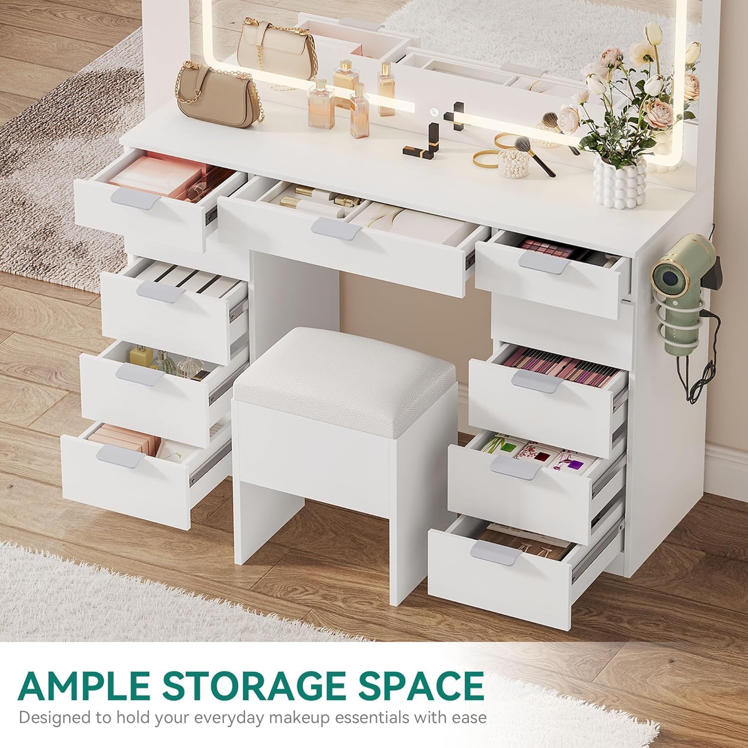 YITAHOME 46" Vanity Table with LED Lighted Mirror, Makeup Desk with 11 Drawers, Cushioned Storage Stool, Vanity Set with Power Outlet & Magnifying Mirror, White