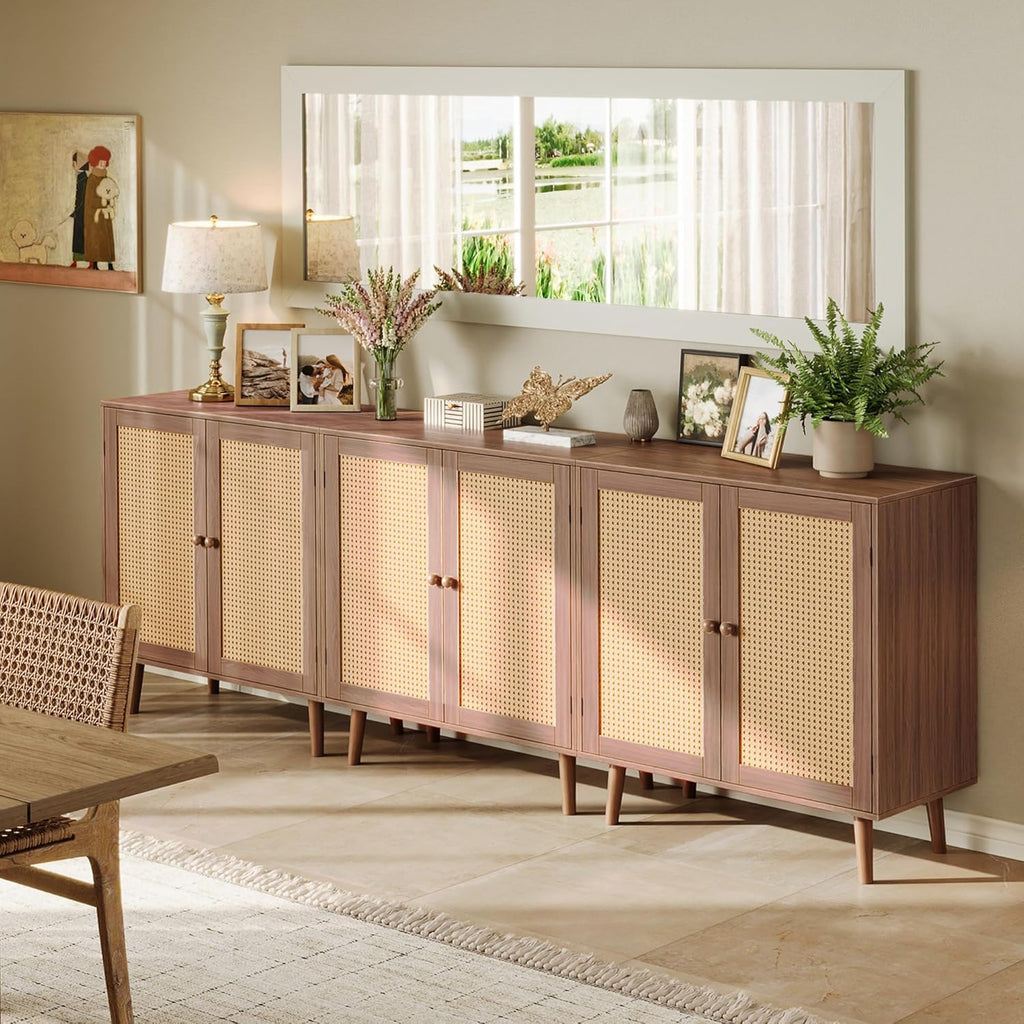 Huuger Buffet Cabinet with Storage, Storage Cabinet with PE Rattan Decor Doors, Accent Sideboard Buffet with Solid Wood Feet, for Hallway, Entry, Living Room, Natural