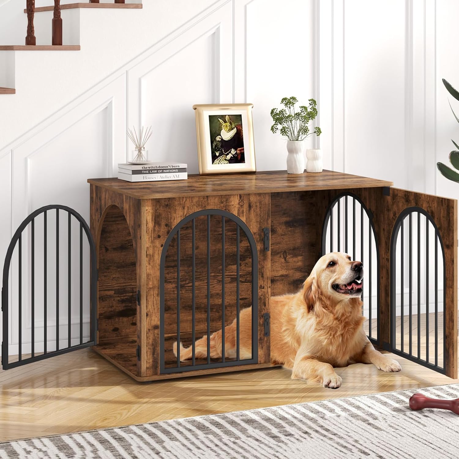 31.5'' Wooden Dog Crate Furniture, Indoor Dog Kennel Dogs Cage for Small/Medium Dogs, Heavy Duty Dog Crates Decorative Pet House End Side Table TV Stand, Rustic Brown DFC85101B