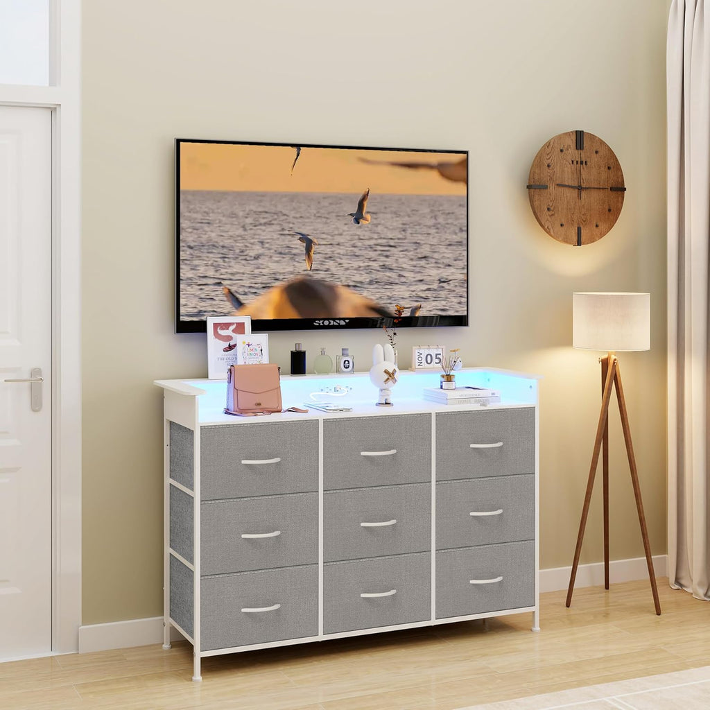 EXOTICA White Dresser with LED Light for Bedroom 9 Drawer Dressers with Charging Station Chests of Drawers for Entryway Closet Living Room Hallway Sturdy Steel Frame Wooden Top Easy Pull Handle