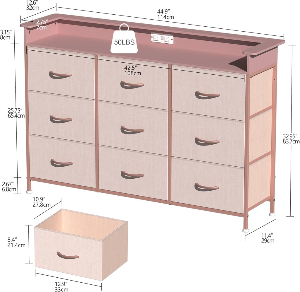 EXOTICA White Dresser with LED Light for Bedroom 9 Drawer Dressers with Charging Station Chests of Drawers for Entryway Closet Living Room Hallway Sturdy Steel Frame Wooden Top Easy Pull Handle