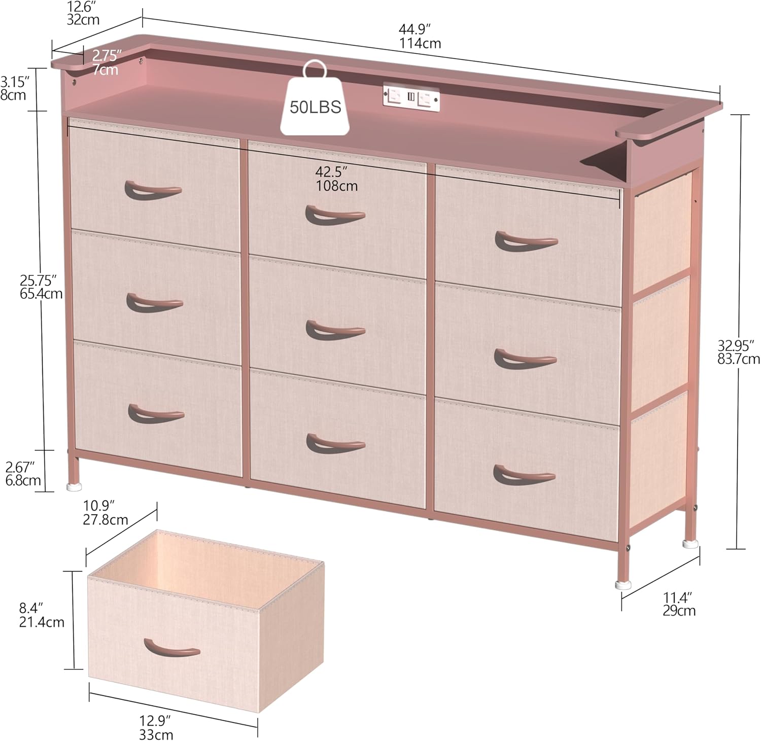 EXOTICA White Dresser with LED Light for Bedroom 9 Drawer Dressers with Charging Station Chests of Drawers for Entryway Closet Living Room Hallway Sturdy Steel Frame Wooden Top Easy Pull Handle
