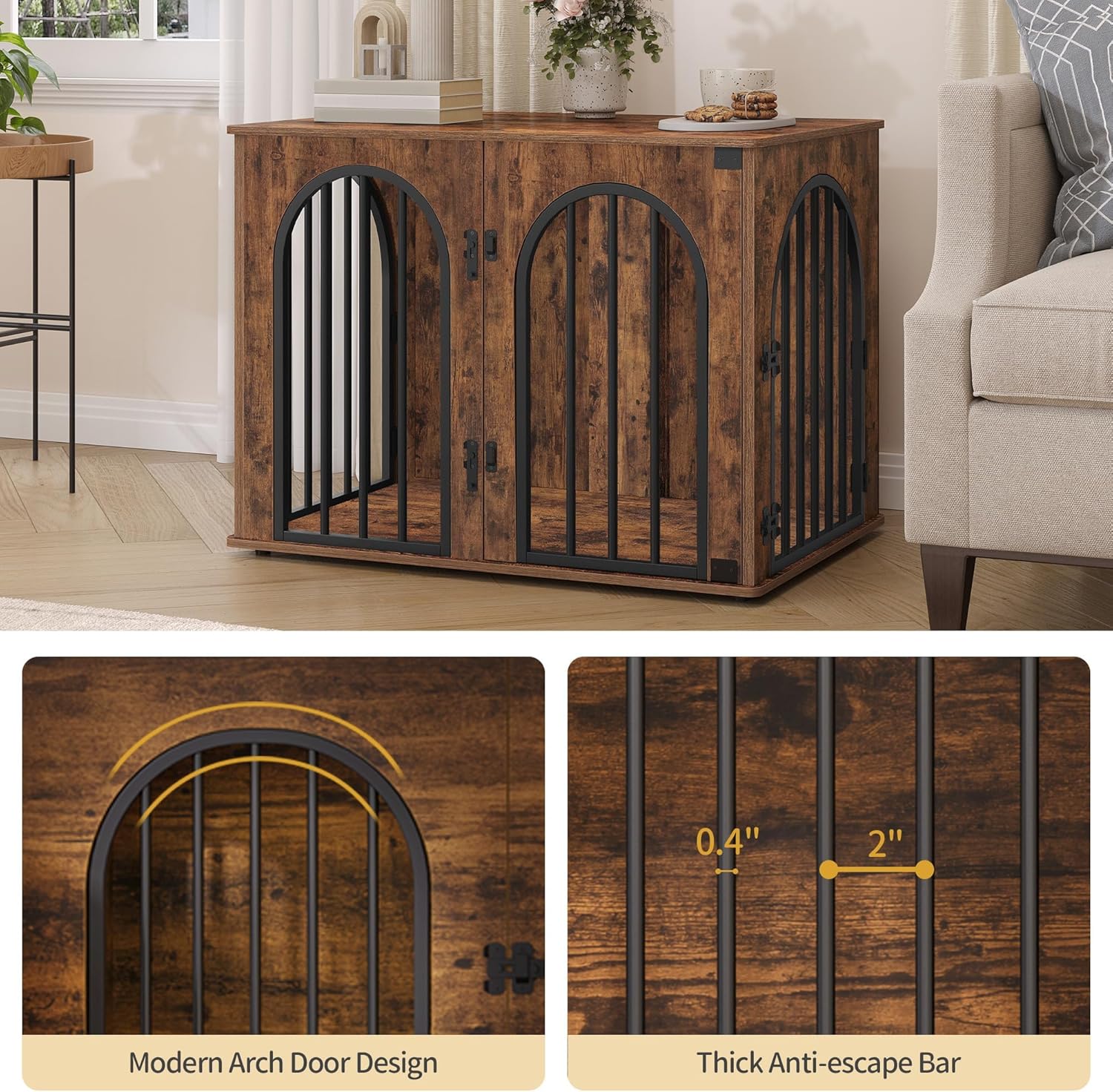 31.5'' Wooden Dog Crate Furniture, Indoor Dog Kennel Dogs Cage for Small/Medium Dogs, Heavy Duty Dog Crates Decorative Pet House End Side Table TV Stand, Rustic Brown DFC85101B