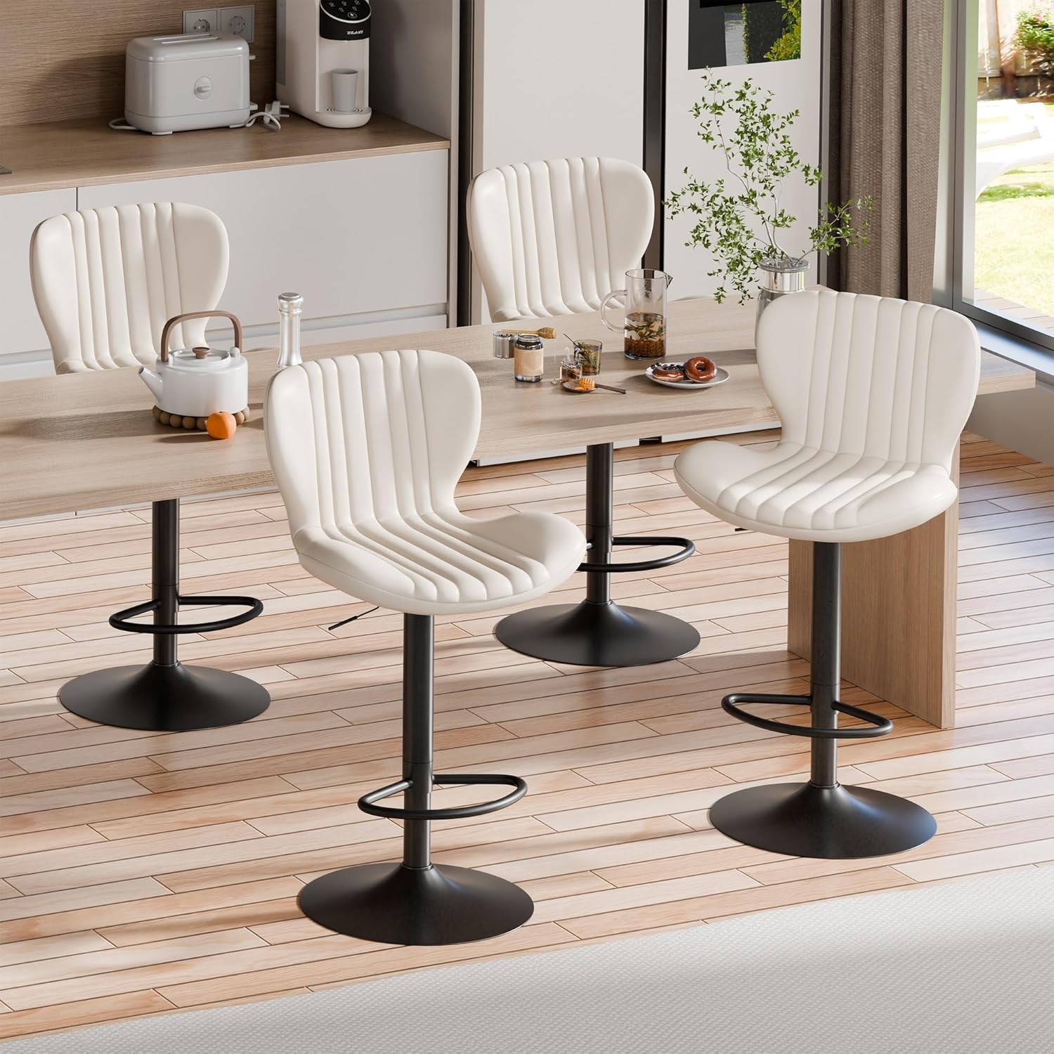 Shintenchi Bar Stools Set of 4 Modern Swivel Bar Chairs, Counter Height Faux Leather Metal Barstools, Upholstered Island Chairs with Back and Footrest, Coffee