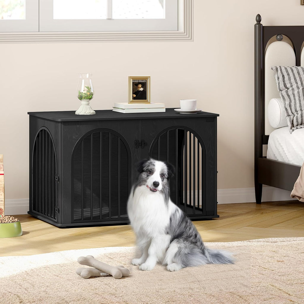 31.5'' Wooden Dog Crate Furniture, Indoor Dog Kennel Dogs Cage for Small/Medium Dogs, Heavy Duty Dog Crates Decorative Pet House End Side Table TV Stand, Rustic Brown DFC85101B